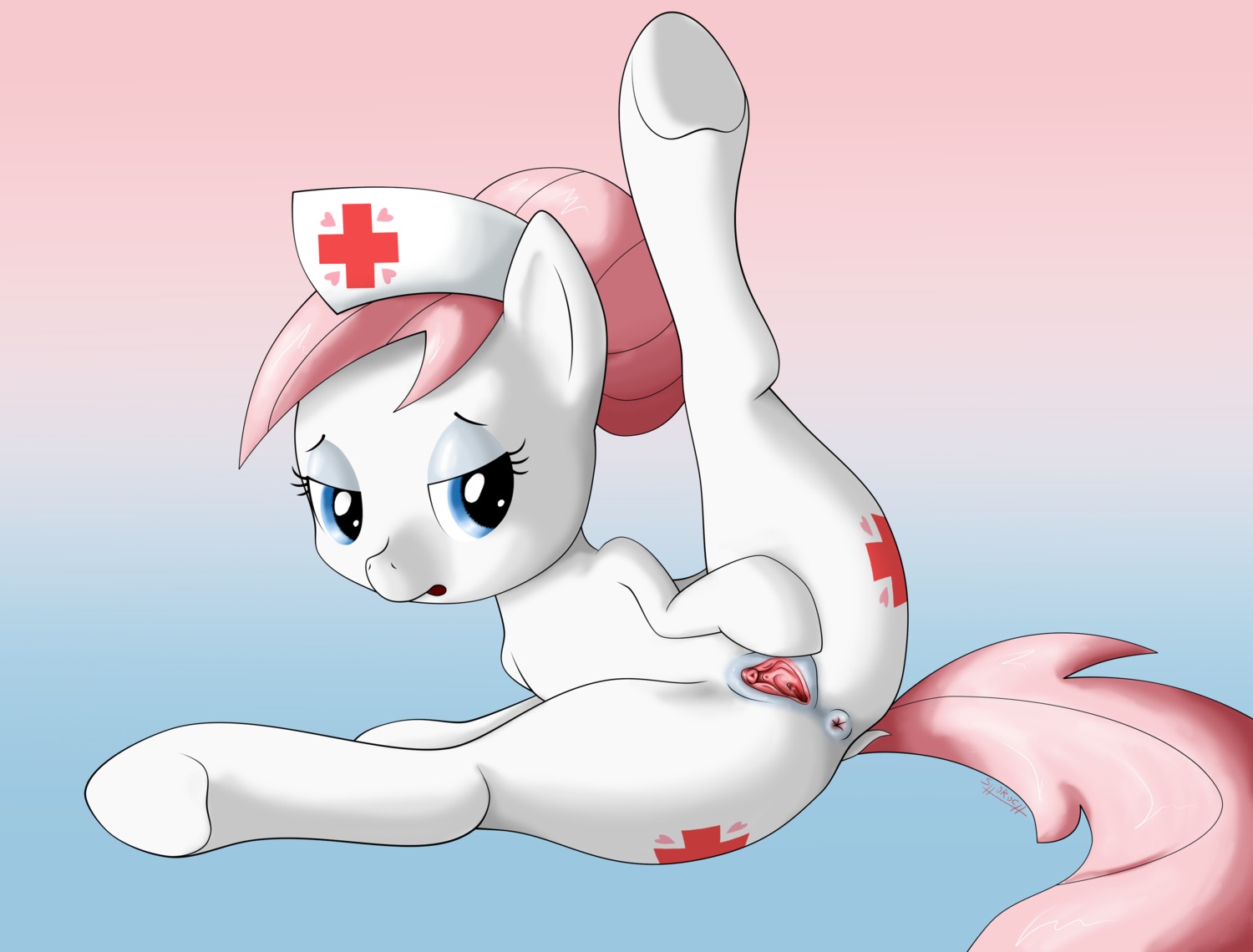 2013 anus blue_background blue_eyes clothing cutie_mark e621 earth_pony equid equine female feral friendship_is_magic fur genitals hair hasbro hat headgear headwear hi_res horse mammal my_little_pony nurse_clothing nurse_hat nurse_headwear nurse_redheart_(mlp) pink_hair pony presenting presenting_vulva shoroch simple_background solo spread_legs spread_vulva spreading vulva white_body white_fur