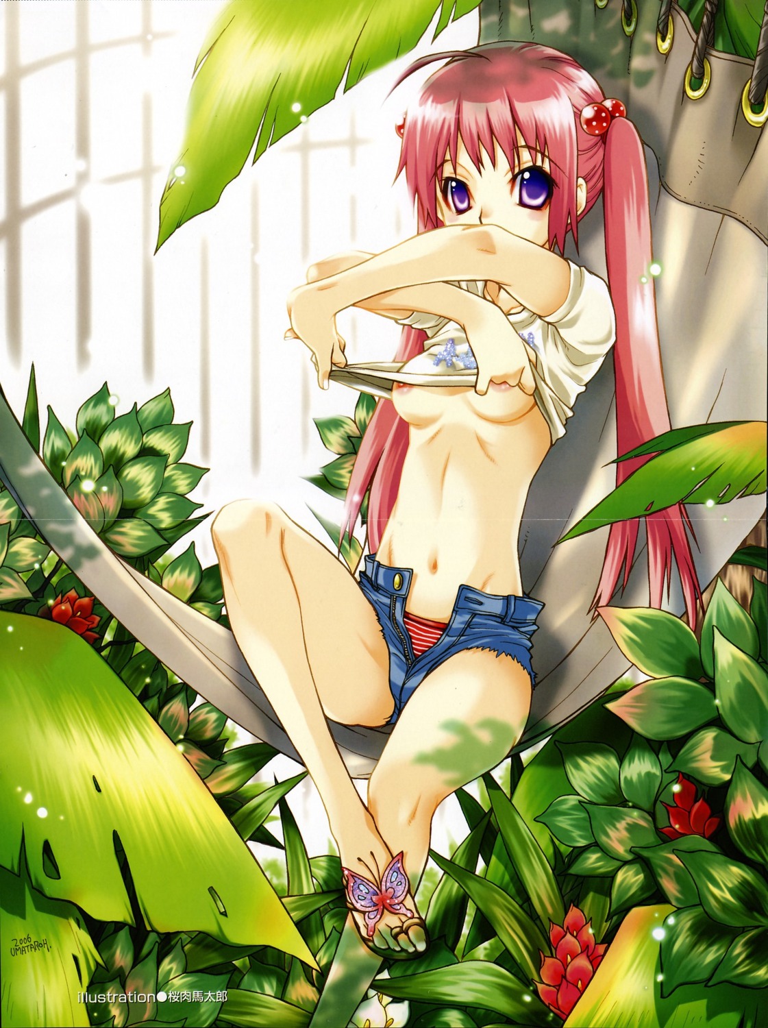 blue_eyes breasts butterfly female flower hammock nipples oppai pink_hair plant rule34 sakuraniku_umatarou tagme