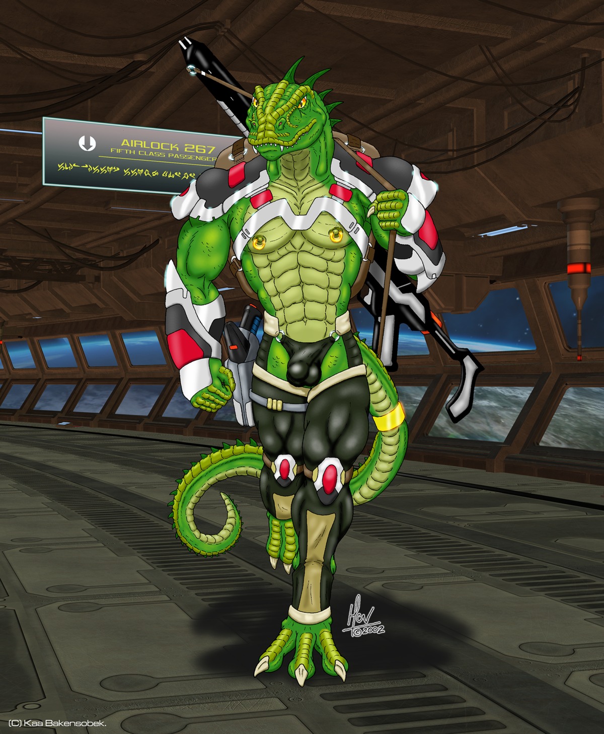 abs anthro armor biceps big_muscles biped bulge claws clothed clothing e621 fangs gun hi_res holding_gun holding_object holding_ranged_weapon holding_weapon iguana iguanid kaa_bakensobek lizard male muscular muscular_anthro muscular_male nipple_piercing nipples pecs piercing ranged_weapon reptile scalie skimpy solo standing tail teeth tight_clothing walking weapon yellow_eyes