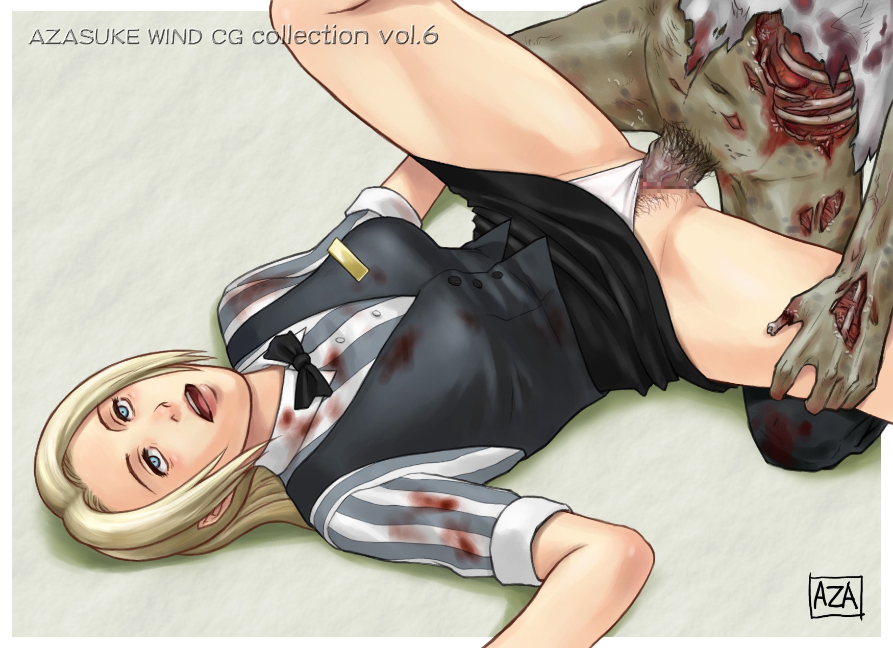 1boy 1girls azasuke blonde_hair blood blue_eyes censored cindy_lennox faceless_male female from_above highres human long_hair lying male missionary monster monster_on_female on_back open_mouth panties panties_aside penis pubic_hair pussy rape resident_evil resident_evil_outbreak rule34 sequential sequential_set sex skirt skirt_lift spread_legs straight sweat underwear vaginal_penetration white_panties zombie