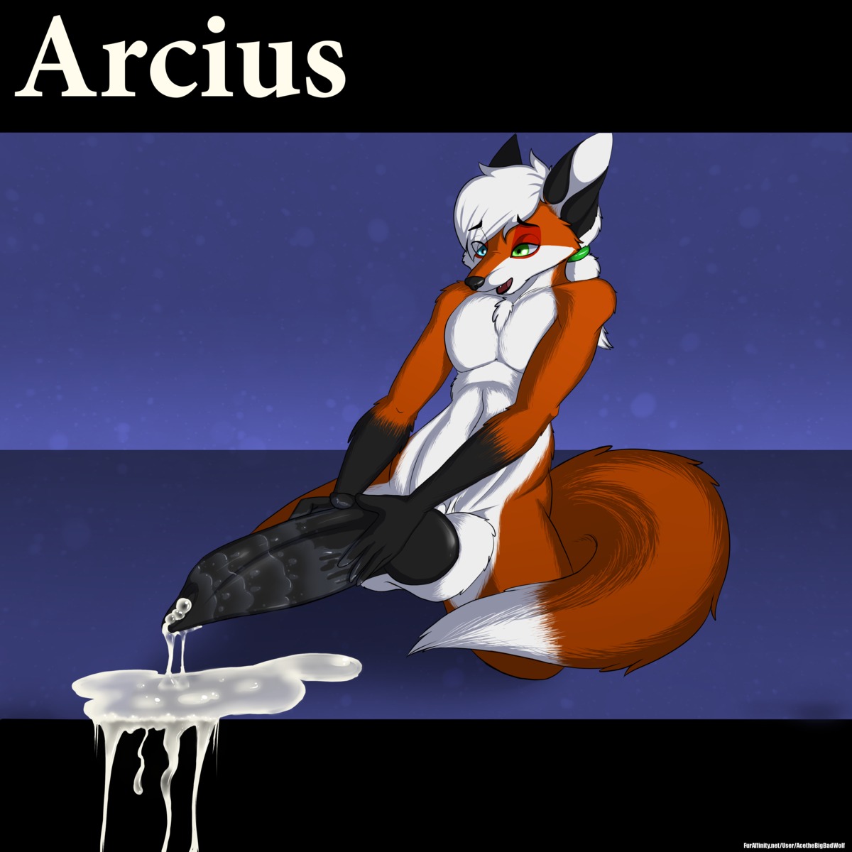 1:1 absurd_res acethebigbadwolf anthro arcius balls big_balls big_penis biped black_penis bodily_fluids canid canine chest_tuft cum cum_pool e621 erection fox fur genital_fluids genitals hair heterochromia hi_res huge_balls huge_penis hyper hyper_balls hyper_genitalia hyper_penis kneeling lube male mammal masturbation penile penile_masturbation penis ponytail solo text tuft url watermark