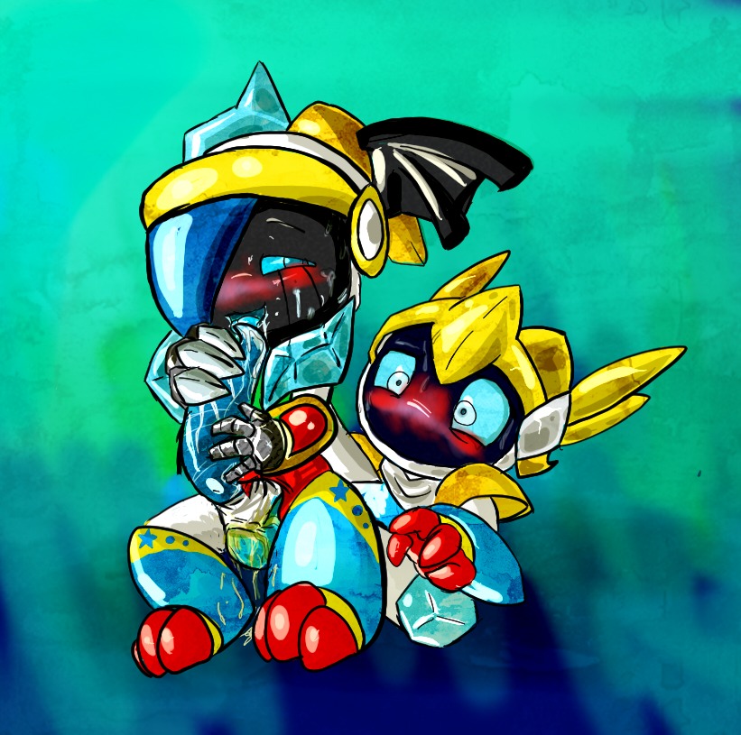 blizzard_entertainment blue_eyes blush bodily_fluids bomberman cum diablo_3 duo e621 erection fan_character female genital_fluids genitals hudson_soft imperius jupiter konami machine male not_furry penis robot unknown_artist