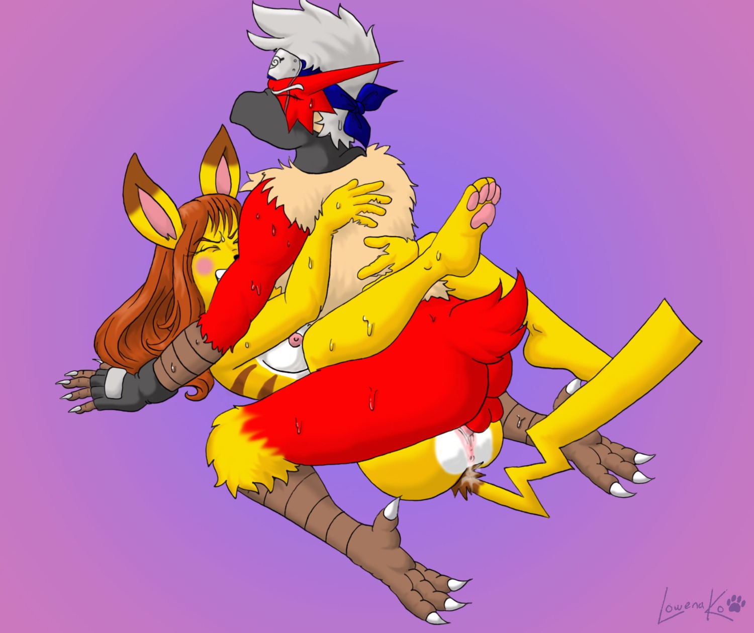 accessory anthro anthrofied anus avian ayame_ichiraku beak bird blaziken bodily_fluids claws clothing crossover duo e621 eyes_closed female female_penetrated fingerless_gloves forehead_protector fur generation_1_pokemon generation_3_pokemon genitals gloves handwear headband hi_res interspecies kakashi_hatake lady_machoke male male/female male_penetrating male_penetrating_female mammal naruto nintendo nude penetration penile penile_penetration penis penis_in_vagina pikachu pokemon pokemon_(species) pokemorph rodent sex sweat tail vaginal vaginal_penetration vulva yellow_body yellow_fur