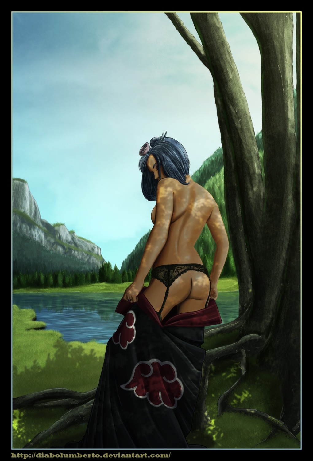 akatsuki_(naruto) ass back bare_shoulders black_panties black_thighhighs blue_hair breasts cedric_humbert female flower from_behind garter_belt highres jewelry konan leaves legs looking_back naruto naruto_(series) nature outdoors outside panties ring rule34 short_hair sideboob solo standing thighhighs thighs topless tree undressing water
