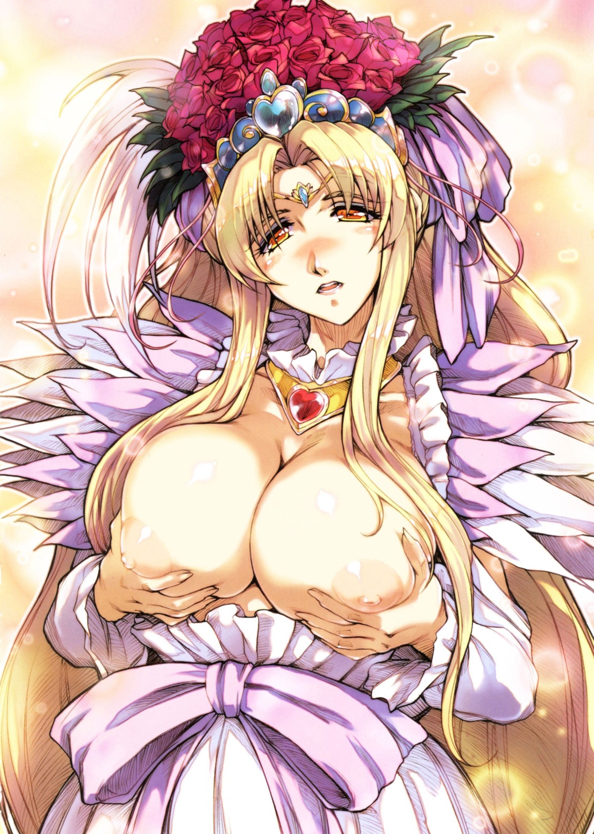aphrodite_(pretty_cure) aphrodite_(suite_precure) areolae blonde_hair blush breast_grab breast_hold breasts breasts_out clothing dress female flower high_resolution hisahiko huge_breasts large_breasts long_hair looking_at_viewer milf nipples open_mouth precure pretty_cure puffy_nipples rule34 solo suite_precure upper_body very_long_hair yellow_eyes