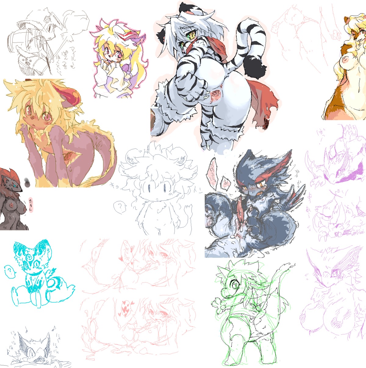 anthro anthrofied anus backsack balls behemoth_(cotora) behemoth_(final_fantasy) blush bodily_fluids bovid bovine breasts butt canid canine canis capcom clothed clothing cotora cum domestic_dog dragon e621 erection european_mythology feathered_wings feathers feet felid felyne female final_fantasy flying_wyvern generation_5_pokemon genital_fluids genitals hi_res hindpaw horn kohaku_(cat_busters) looking_back lynian male mammal membrane_(anatomy) membranous_wings monochrome monster_hunter multiple_images multiple_scenes mythological_creature mythological_scalie mythology nargacuga nintendo nipples non-mammal_breasts non-mammal_nipples nude pantherine paws penis pokemon pokemon_(species) pokemorph presenting ricola_(cotora) scalie simple_background sketch solo spread_butt spread_legs spread_vulva spreading square_enix tail tiger underwear vulva western_dragon white_background wings wyvern young young_anthro zoroark