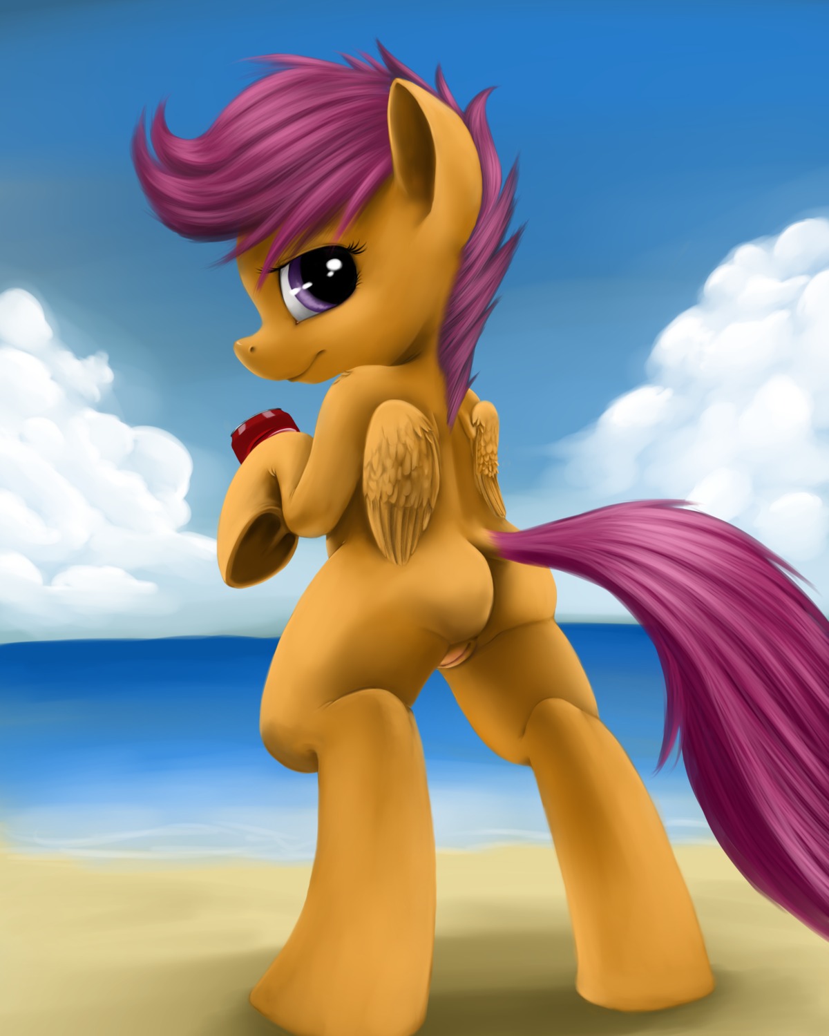 2013 4:5 absurd_res beach butt cloud detailed_background dr_pepper dustyvalentino e621 equid equine feathered_wings feathers female feral friendship_is_magic fur genitals hair hasbro hi_res looking_at_viewer mammal my_little_pony mythological_creature mythological_equine mythology orange_body orange_feathers orange_fur outside pegasus purple_eyes purple_hair sand scootaloo_(mlp) seaside sky solo tail vulva wings young young_feral