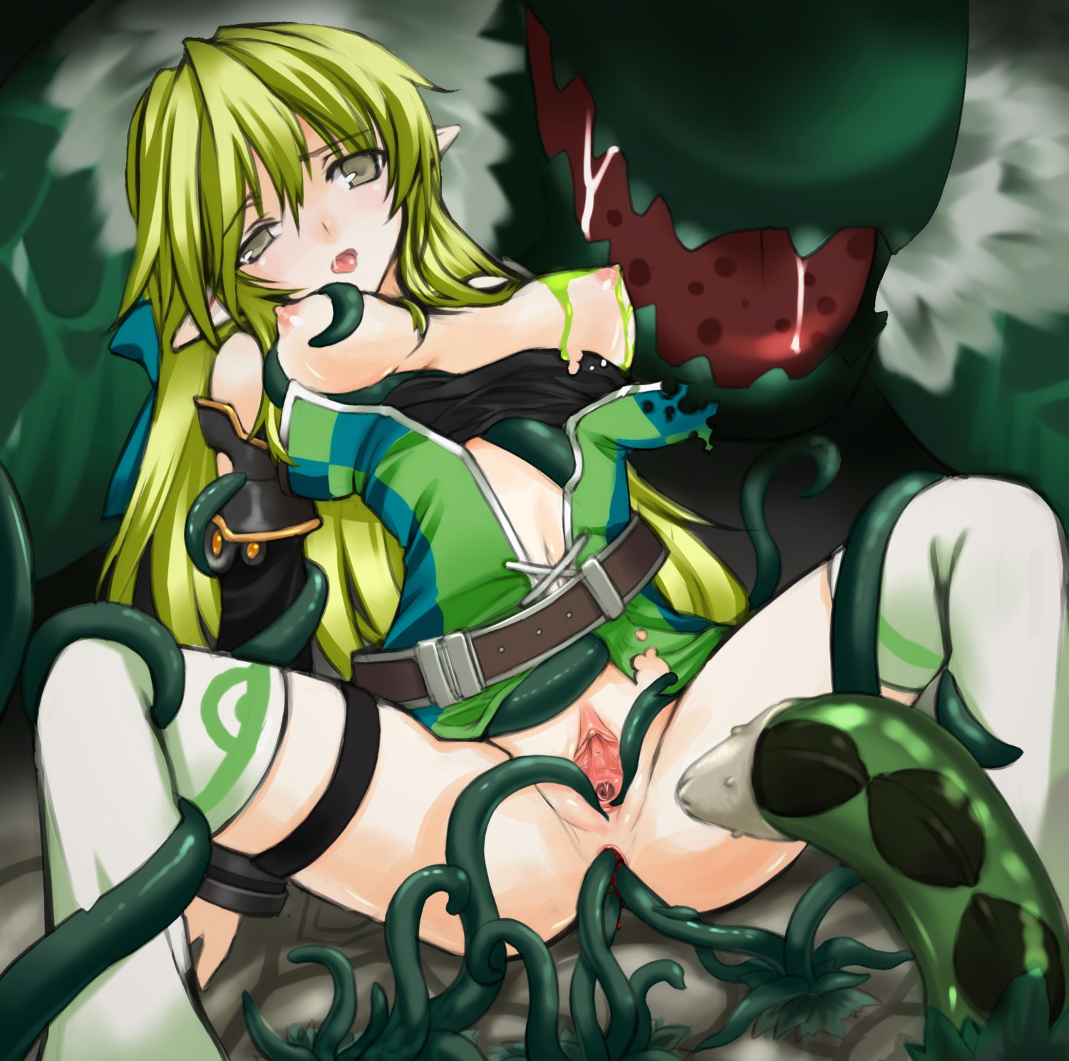anal blonde_hair blush breasts consensual_tentacles elf elsword female highres monster nipples open_mouth pussy rape rena_(elsword) rule34 shirt_pull tentacle tongue uncensored