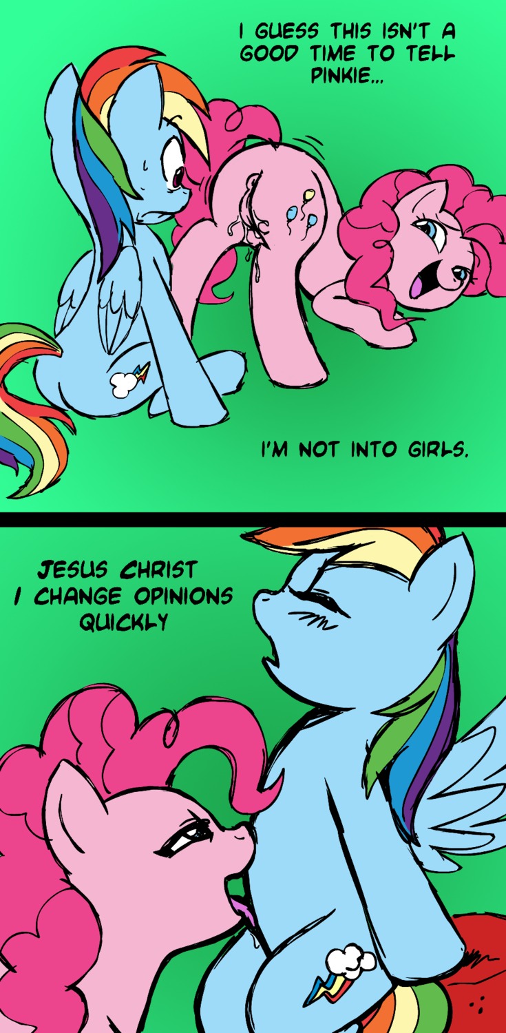 ass_up blue_body blue_eyes blue_feathers blue_fur blush bodily_fluids comic cutie_mark duo e621 earth_pony english_text equid equine eyes_closed feathered_wings feathers female female/female feral forced friendship_is_magic fur genital_fluids genitals hair half-closed_eyes hasbro hi_res horse licking mammal multicolored_hair multicolored_tail my_little_pony mythological_creature mythological_equine mythology narrowed_eyes pegasus pink_hair pinkie_pie_(mlp) pony purple_eyes rainbow_dash_(mlp) rainbow_hair rainbow_tail raised_tail rear_view saliva simple_background tail text tongue tongue_out unknown_artist until_they_like_it vaginal_fluids vulva wing_boner wings