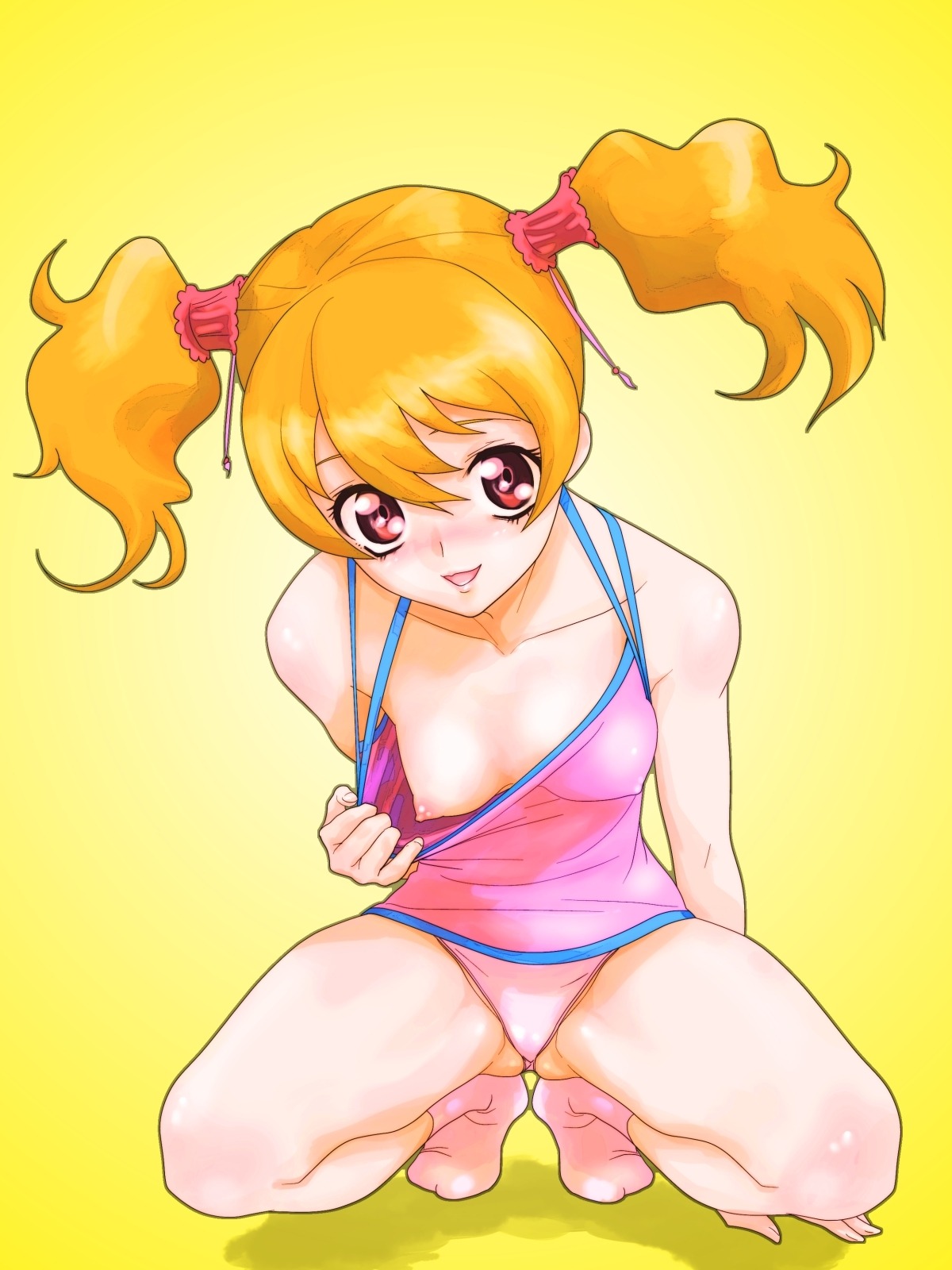 1girls agahat breasts clothing cure_peach down_blouse erect_nipples erect_nipples_under_clothes female flashing fresh_precure! fresh_pretty_cure fresh_pretty_cure! highres love_momozono magical_girl momozono_love nipple_slip nipples panties pantyshot pink_panties precure pretty_cure rule34 shirt shirt_pull small_breasts solo squatting tied_hair twintails underwear
