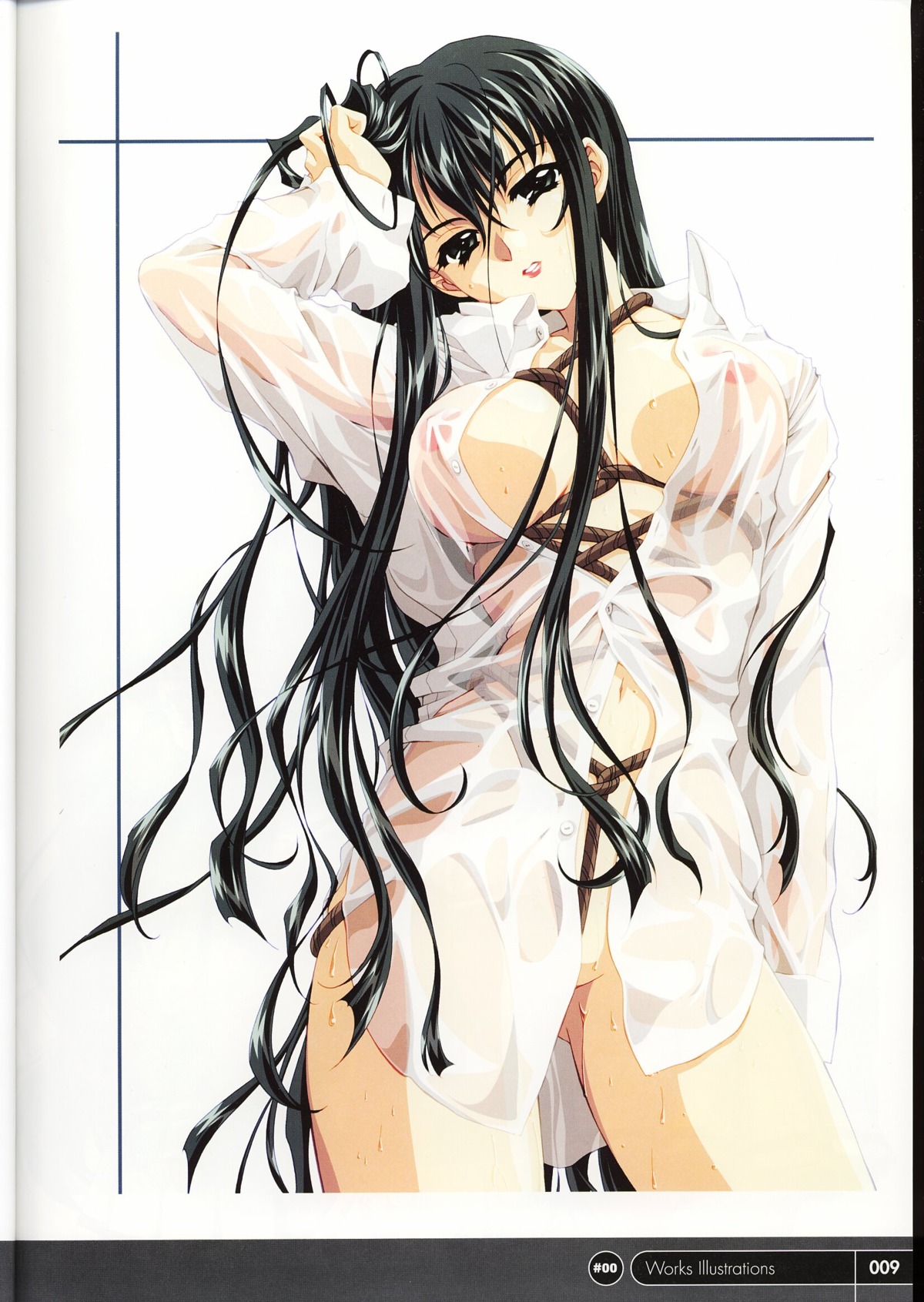 1girls 90s black_hair bondage breast_bondage breasts carnelian color crotch_rope female highres long_hair mieno_yumi no_bra official_art open_clothes open_shirt page_9 page_number pil_(company) rope rule34 see-through shirt solo thighs wam_xxxnovel-wetandmessy.com wet wet_clothes wet_shirt