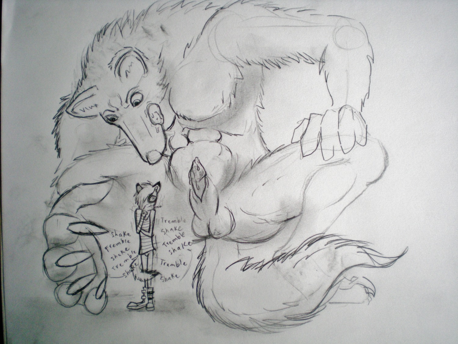 4:3 animal_genitalia anthro bodily_fluids canid canine canis cum different_sound_effects duo e621 extreme_size_difference fox genital_fluids genitals hi_res larger_male licking licking_lips licking_own_lips male mammal micro micronaut monochrome motion_onomatopoeia onomatopoeia penis penis_tip scared self_lick shaking sheath size_difference sound_effects tail text tongue tongue_out traditional_media_(artwork) trembling wolf