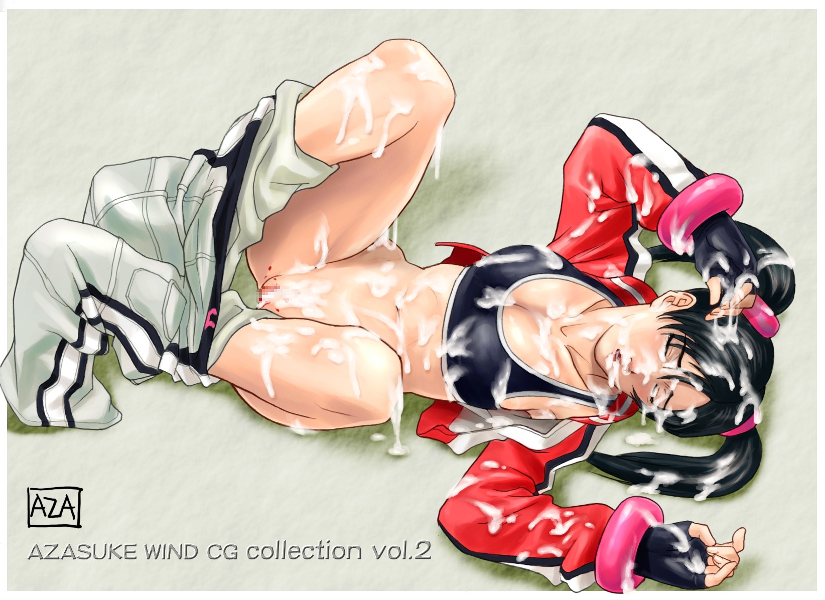 azasuke bikini_top black_hair blush brown_eyes censored female highres ling_xiaoyu no_panties pants_down pussy rule34 tekken tied_hair twintails
