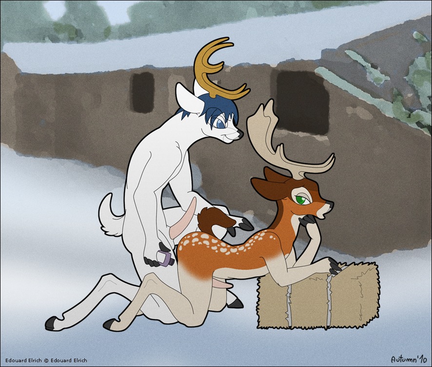 2010 all_fours anthro anthro_on_anthro antlers autumn_(autumndeer) autumndeer black_border blue_eyes border cervine deer digital_media_(artwork) duo e621 edouard_elrich erection fallow_deer femboy fur genitals green_eyes hooves horn imminent_sex lube male male/male mammal nude outside penis sex signature snow white_body white_fur