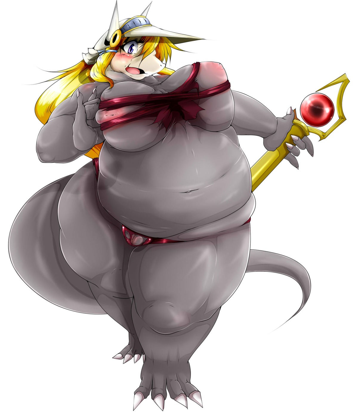 2014 4_toes 5_fingers aggron anthro armor biped blonde_hair breasts claws clothing digital_media_(artwork) e621 feet female fingers geiru_mirua generation_3_pokemon genitals grey_body hair headgear helmet hi_res long_hair looking_at_viewer navel nintendo nipples open_mouth overweight overweight_anthro overweight_female pokemon pokemon_(species) pokemorph purple_eyes simple_background solo standing toe_claws toes tongue underwear vulva wand white_background