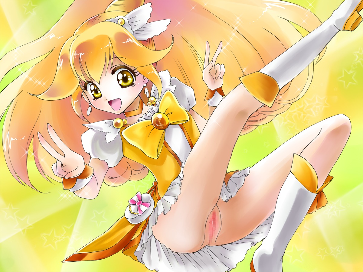 blonde_hair censored clothed clothing cure_peace double_v dress exposed_pussy female kurosaki open_mouth precure pretty_cure pussy rule34 smile_precure solo tagme v yayoi_kise yellow_eyes yellow_theme
