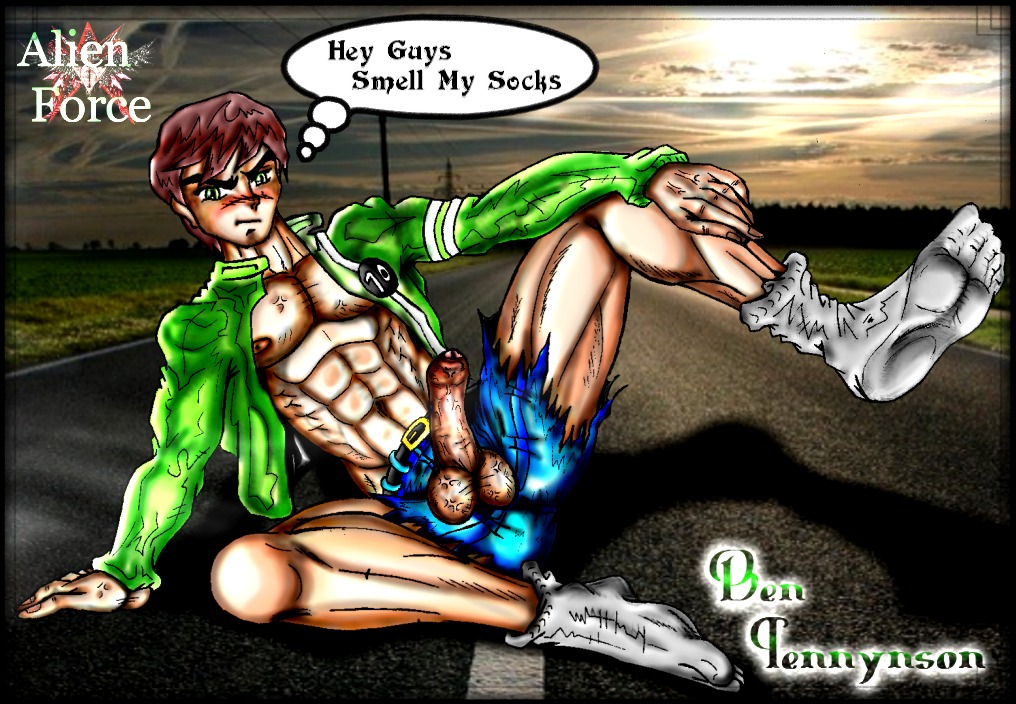 1boy abs balls ben_10 ben_10_alien_force ben_10_ultimate_alien ben_tennyson ben_tennyson_(alien_force) blush brown_hair english_text erection foreskin green_eyes light_skin lucifer_seraphim male male_only nipples penis penis_through_fly photo_background rule34 socks solo tagme text torn_clothes year_request