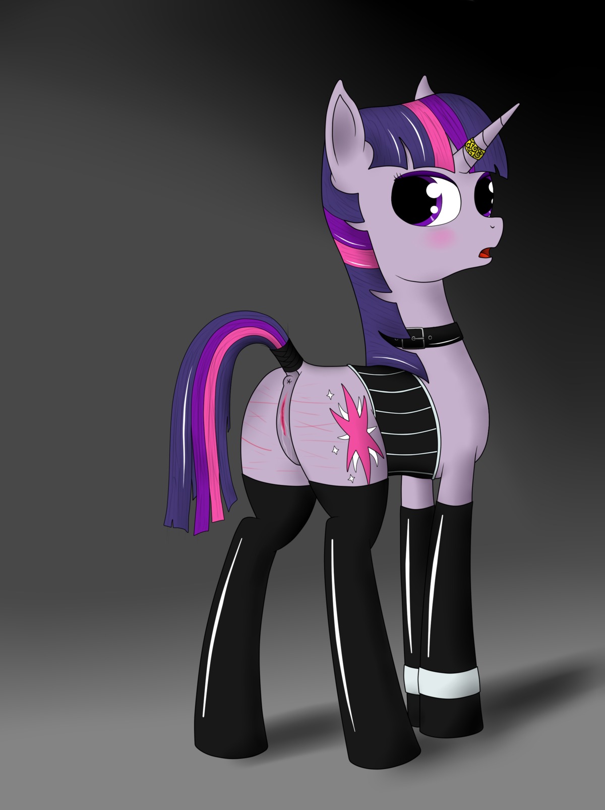 2012 absurd_res anus blush clothing collar e621 equid equine female feral friendship_is_magic fur genitals hair hasbro hi_res horn legwear mammal multicolored_hair my_little_pony mythological_creature mythological_equine mythology open_mouth patapon13 purple_body purple_eyes purple_fur purple_hair solo stockings tail tail_wraps twilight_sparkle_(mlp) two_tone_hair unicorn vulva wraps