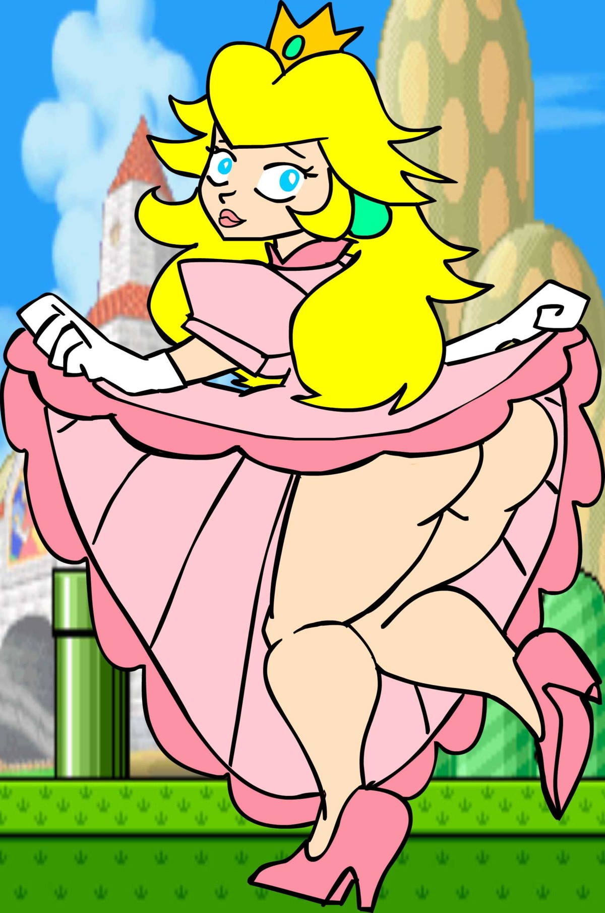 artist_request ass clothes color crown day ear_piercing elbow_gloves female female_only gloves hair high_heels human mario_(series) nintendo on_one_foot outdoors piercing princess_peach rule34 shoes solo standing super_mario_bros. tagme ultimaro yellow_hair