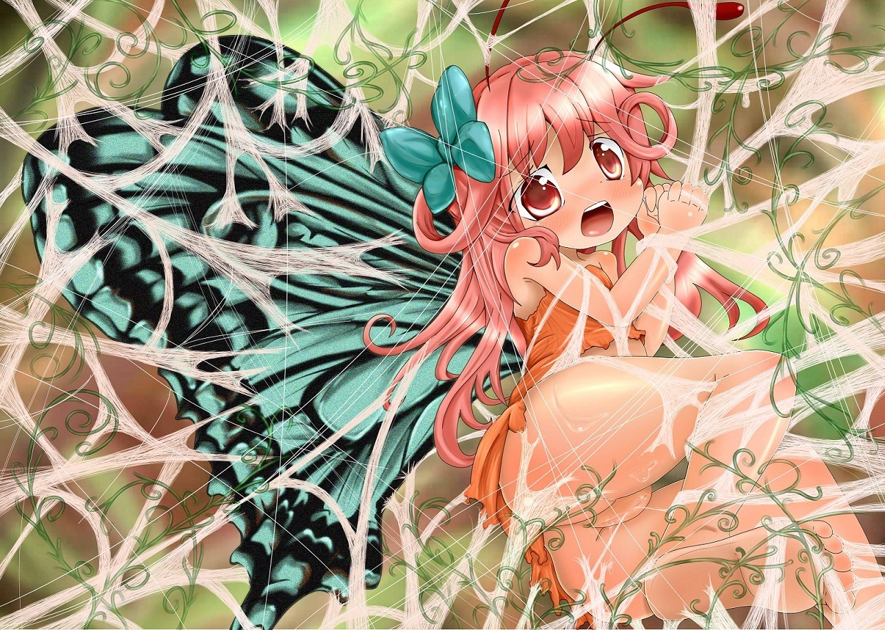 barefoot bondage bottomless bow butterfly butterfly_wings female hairbow insect_girl long_hair open_mouth original pink_eyes pink_hair pussy rule34 spider_web web wings