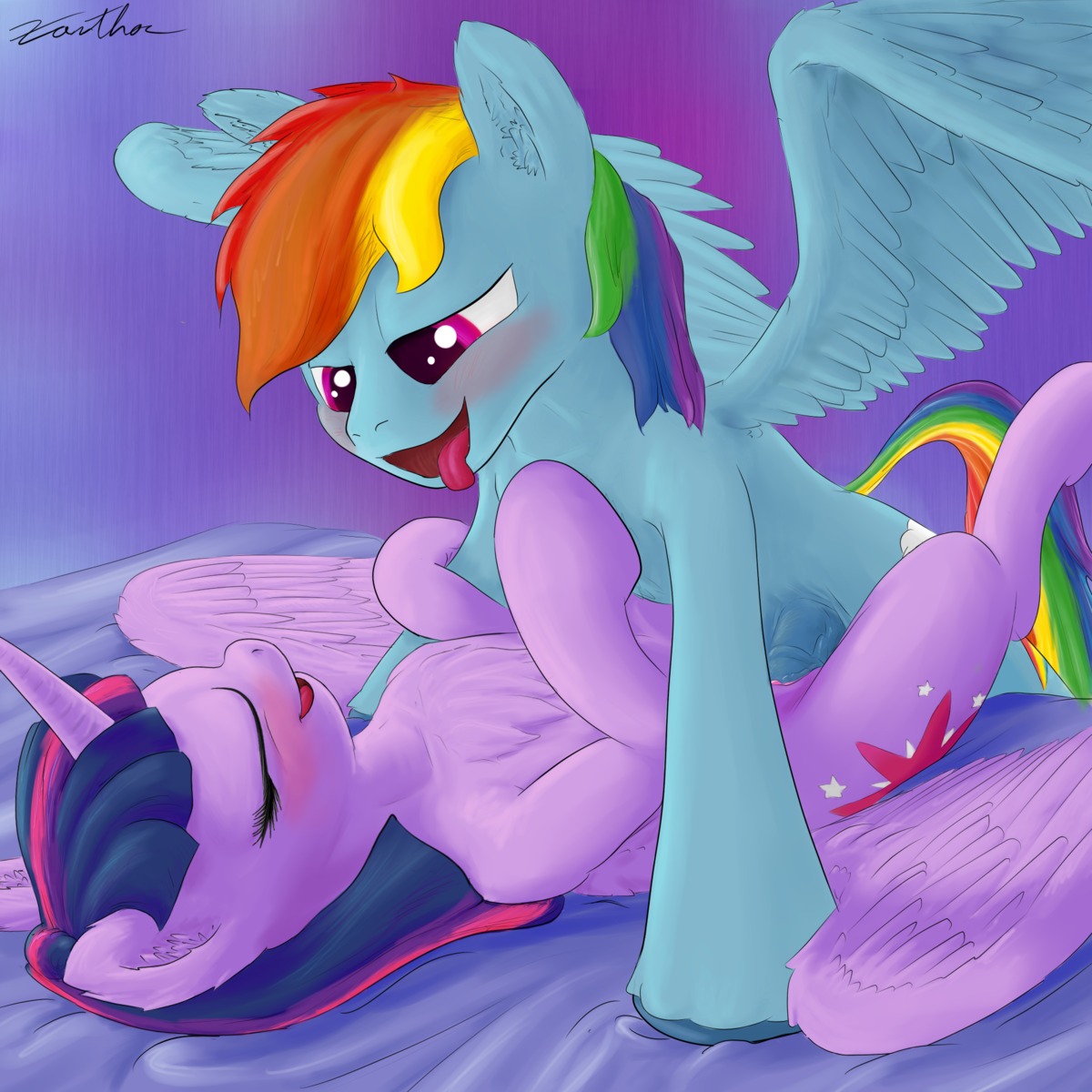 1:1 2014 animal_genitalia animal_penis blue_body blue_feathers blue_fur blush cutie_mark duo e621 equid equine equine_genitalia equine_penis erection eyes_closed feathered_wings feathers female feral friendship_is_magic fur genitals gynomorph gynomorph/female hair half-closed_eyes hasbro hi_res horn intersex intersex/female lying mammal multicolored_hair my_little_pony mythological_creature mythological_equine mythology narrowed_eyes nude on_back open_mouth pegasus penis purple_body purple_eyes purple_fur purple_hair rainbow_dash_(mlp) rainbow_hair sex tongue twilight_sparkle_(mlp) two_tone_hair vaginal winged_unicorn wings xanthor