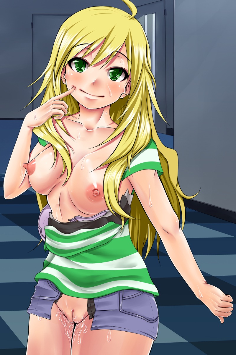 1girls blonde_hair denim_skirt eyes female green green_eyes hair highres hoshii hypno_m@ster hypnosis idolmaster jean_skirt miki mind_control pussy pussy_juice ripped_skirt rule34 shirt short shorts striped tu-1 wet_pussy