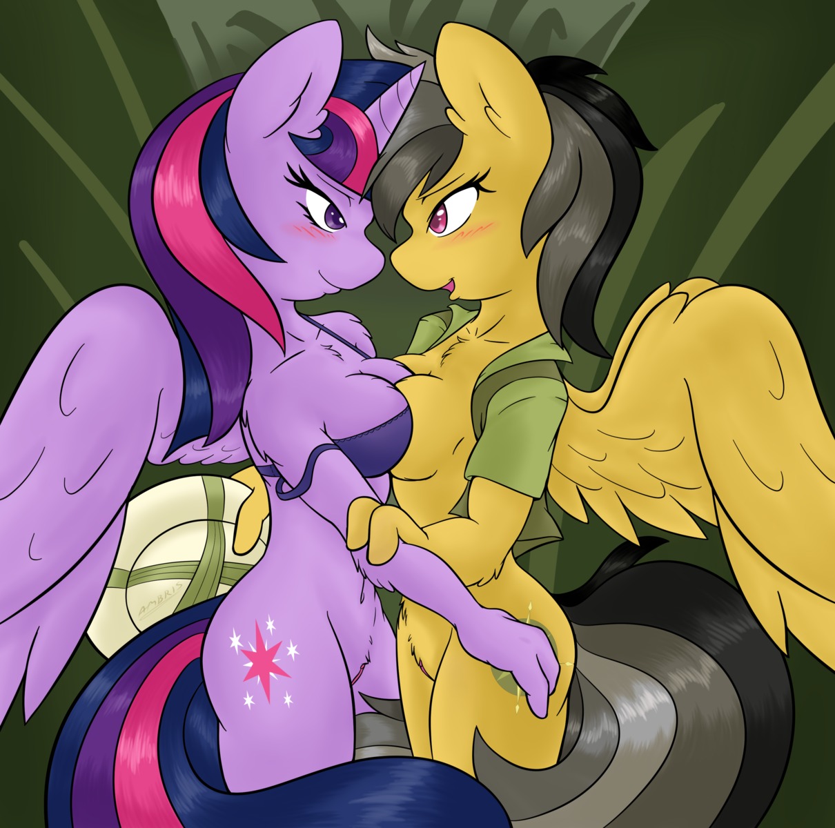 2014 absurd_res ambris anthro anthrofied bedroom_eyes big_breasts black_hair blush bra breasts cleavage clothed clothing cutie_mark daring_do_(mlp) duo e621 equid equine eye_contact feathered_wings feathers female friendship_is_magic fur genitals hair half-closed_eyes hasbro hat headgear headwear hi_res horn inner_ear_fluff looking_at_another mammal multicolored_hair my_little_pony mythological_creature mythological_equine mythology narrowed_eyes navel off_shoulder open_mouth pegasus pink_eyes purple_body purple_eyes purple_fur purple_hair seductive side_boob smile tan_body tan_fur tuft twilight_sparkle_(mlp) two_tone_hair underwear vulva wing_boner winged_unicorn wings