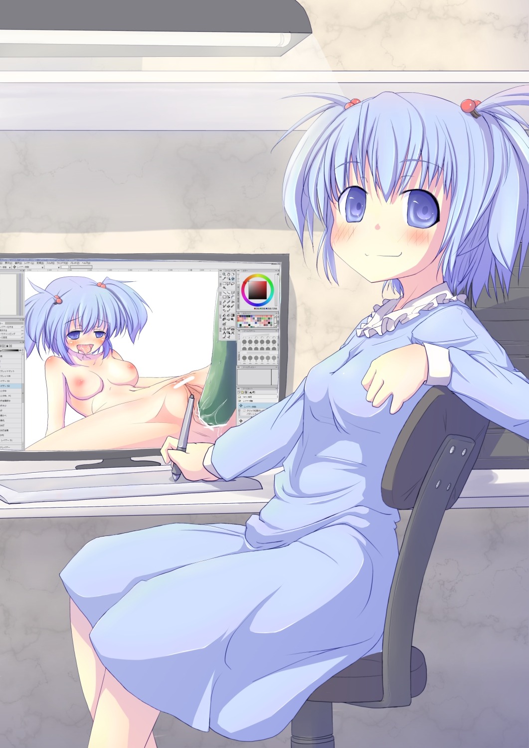 ahe_gao blue_eyes blue_hair blush censored computer cucumber female hair_bobbles hair_ornament highres monitor naughty_face nitori_kawashiro open_mouth penetration pussy rule34 sakuna saliva sitting smile solo stylus tied_hair touhou twintails