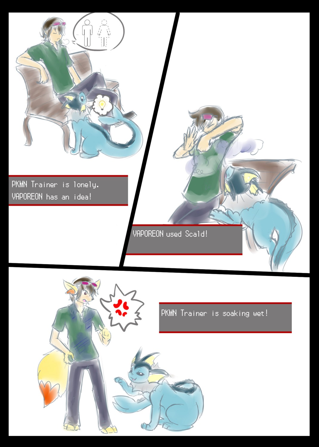 angry bench black_border blue_eyes border brown_eyes canid canine comic duo e621 eeveelution english_text eyewear female fennekin feral frustrated fur generation_1_pokemon generation_6_pokemon glasses hatiimiga hi_res jaki-kun_(character) long_ears looking_down looking_up male mammal nintendo nude open_mouth paws pokemon pokemon_(species) tail text transformation vaporeon water