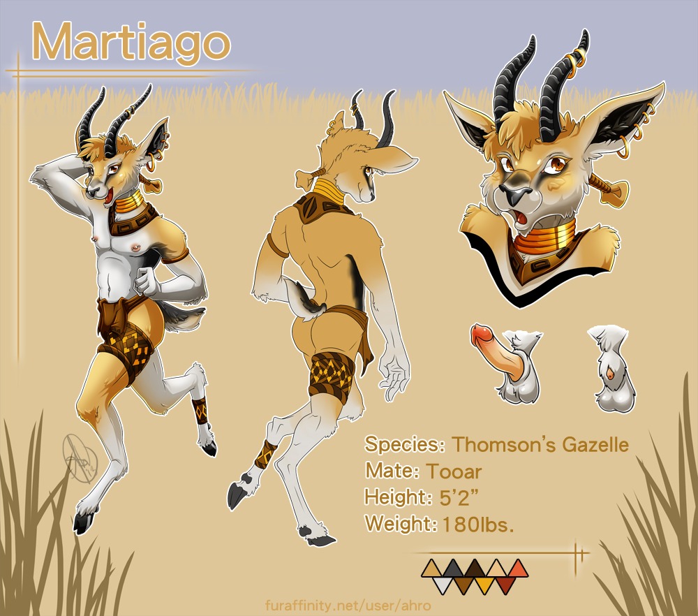 2013 ahro animal_genitalia antelope anthro balls bottomwear bovid clothing e621 ear_piercing erection gazelle genitals hooves horn humanoid_genitalia humanoid_penis loincloth male mammal martiago model_sheet nipples penis penis_tip piercing ring running sheath solo text url