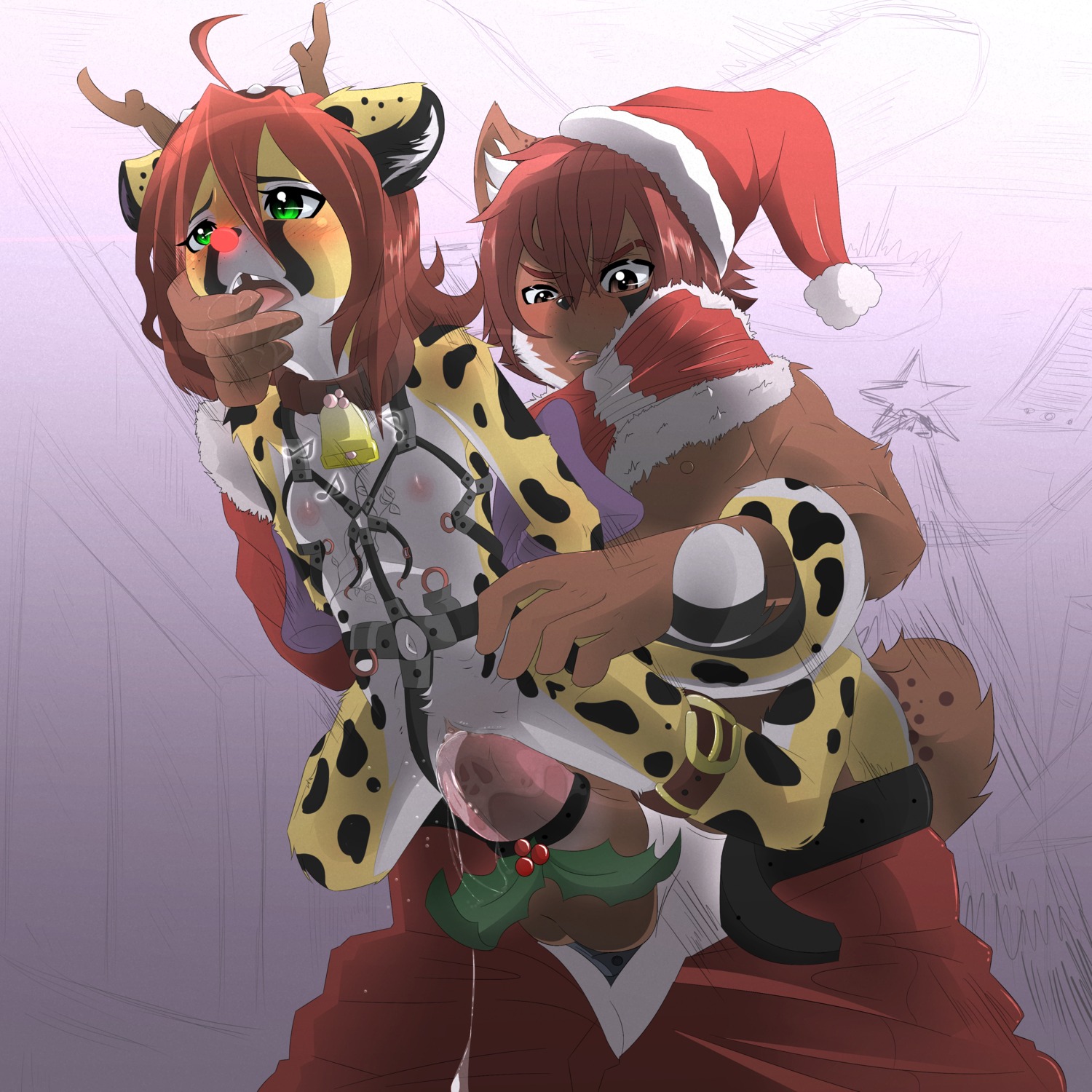 1:1 absurd_res anthro anthro_on_anthro anthro_penetrated anthro_penetrating anthro_penetrating_anthro antlers balls bdsm bell big_penis blush bodily_fluids brown_eyes cheetah chimangetsu christmas clitoris clothed clothing collar dominant duo e621 erection felid feline female female_penetrated finger_fetish finger_in_mouth finger_play fingers genital_fluids genitals green_eyes hair harness hi_res holidays holly_(plant) horn interspecies ketzio kitani larger_dom larger_male lynx male male/female male_penetrating male_penetrating_female mammal motion_lines nipples open_mouth partially_clothed penetration penile penile_penetration penis penis_in_vagina plant precum red_nose santa_claus sex size_difference smaller_female smaller_penetrated tongue vaginal vaginal_fluids vaginal_penetration vulva yamaneko_sougi young young_anthro