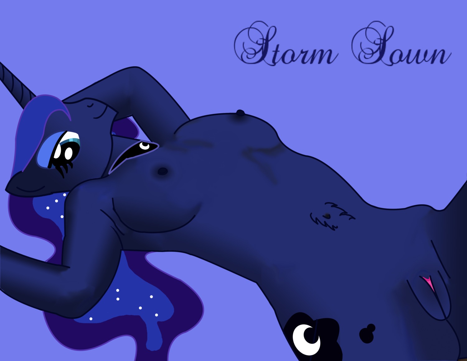 2014 absurd_res anthro anthrofied blue_body blue_eyes blue_fur blue_hair blue_theme breasts cutie_mark e621 equid equine female friendship_is_magic fur genitals hair hasbro hi_res horn long_hair mammal my_little_pony mythological_creature mythological_equine mythology princess_luna_(mlp) simple_background smile solo storm_sown unicorn vulva