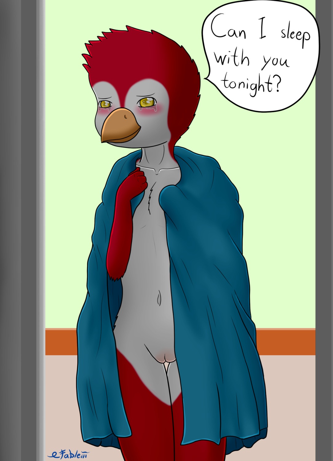 anthro avian beak bird blue_blanket blush bodily_fluids crying e621 english_text fableiii female genitals hi_res nude solo tears text vulva yellow_eyes young young_anthro