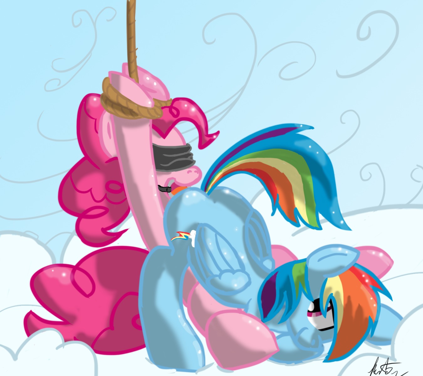 2012 ball_gag blindfold blue_body blue_feathers blue_fur blush cutie_mark duo e621 earth_pony equid equine feathered_wings feathers female female/female feral friendship_is_magic fur gag gagged hair hasbro hi_res horse kitsuneymg mammal multicolored_hair multicolored_tail my_little_pony mythological_creature mythological_equine mythology pegasus pink_body pink_fur pink_hair pinkie_pie_(mlp) pony purple_eyes rainbow_dash_(mlp) rainbow_hair rainbow_tail tail wings