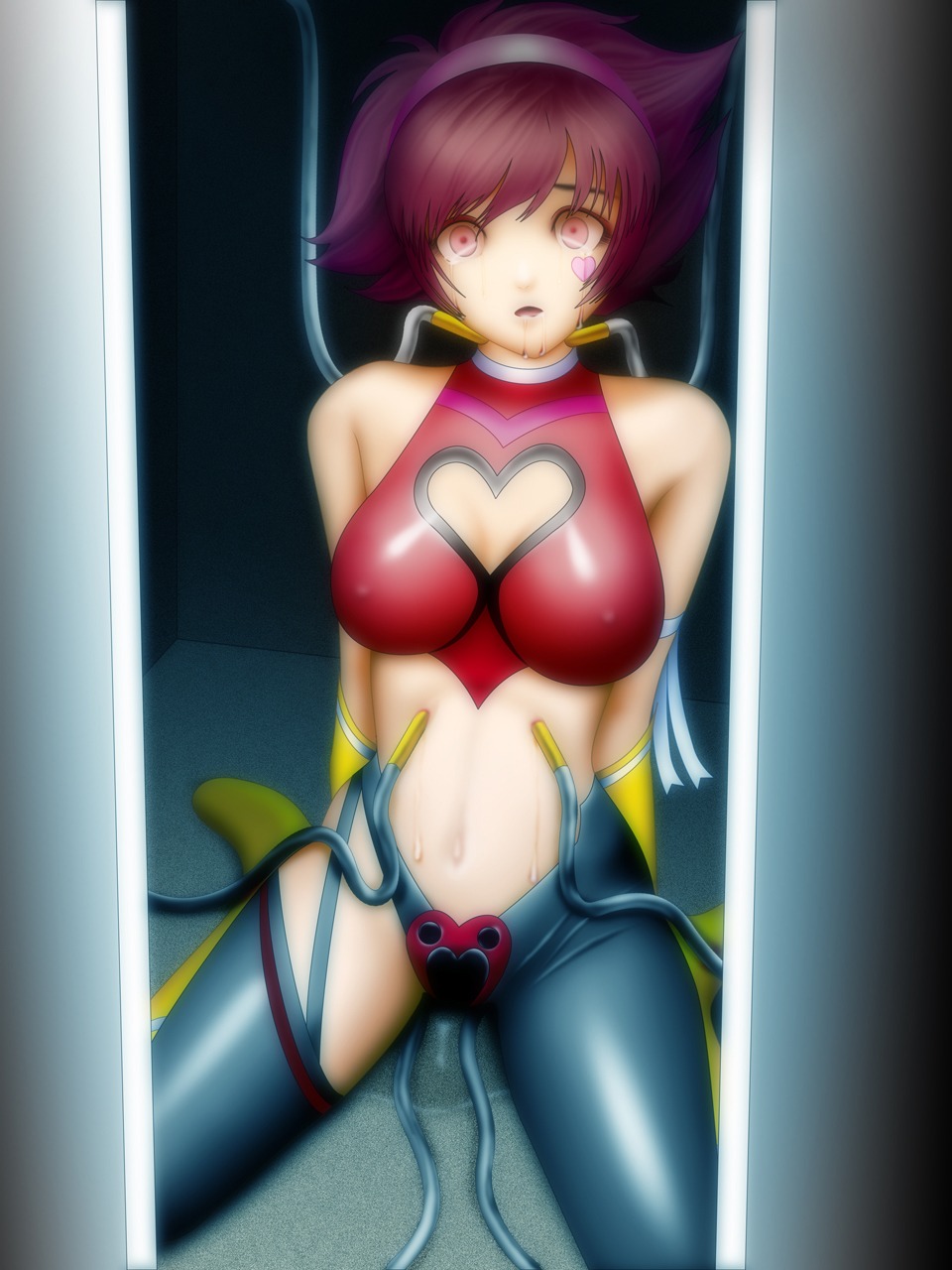00s 1girls android breasts choker crop_top cutie_honey cutie_honey_(character) female heart honey_kisaragi large_breasts light-skinned_female light_skin pants pointy_chin re:_cutie_honey red_hair rule34 samejima_minoru short_hair