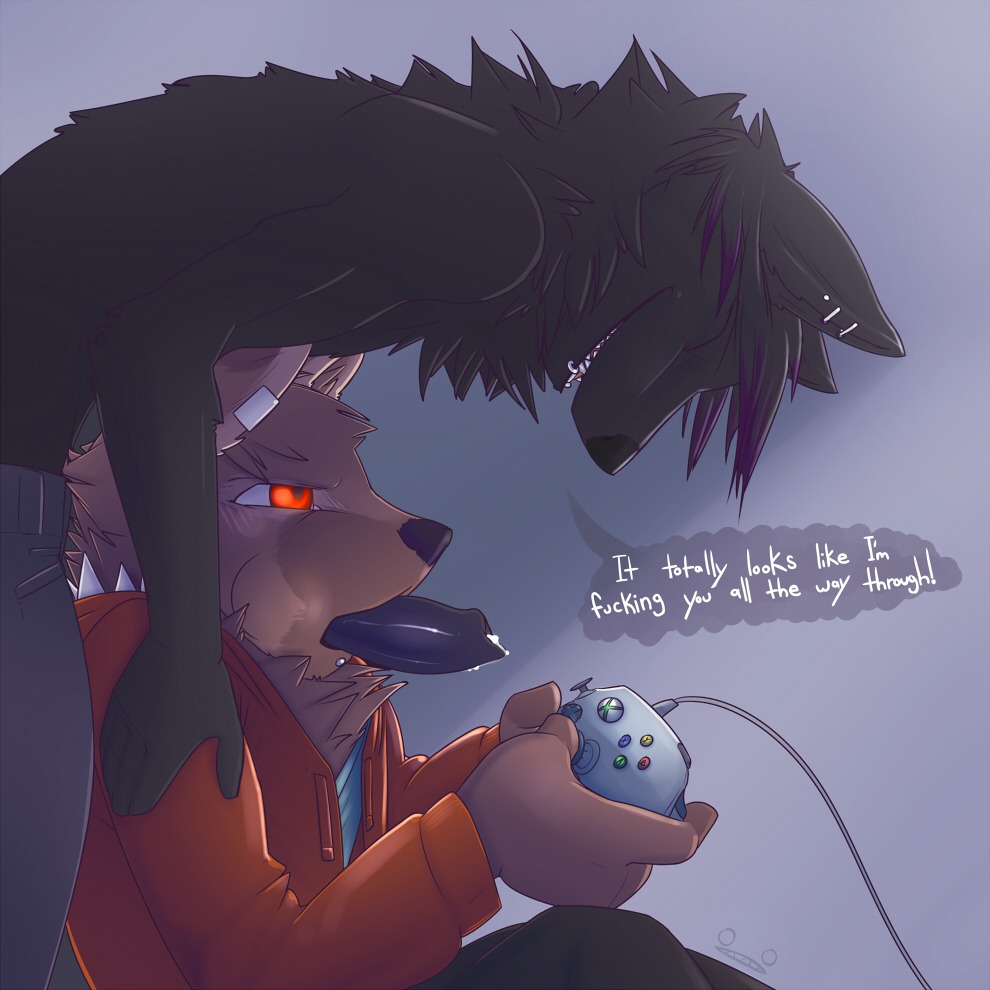 1:1 2013 animal_genitalia animal_penis annoyed anthro anthro_on_anthro arm_grab arms_bent bent_arm bent_over black_body black_fur black_hair black_nose black_penis blue_background blush bodily_fluids bottomwear brown_body brown_fur canid canine canine_genitalia canine_penis cheek_bulge clothed clothing controller cum dialogue duo e621 ear_piercing english_text erection eyes_closed facial_piercing fur game_controller gaming genital_fluids genitals glistening glistening_genitalia glistening_penis hair half-closed_eyes hand_on_arm highlights_(coloring) holding_controller holding_game_controller holding_object hoodie humor jacket knot laugh lip_piercing male male/male mammal microsoft multicolored_body multicolored_fur multicolored_hair multitasking narrowed_eyes open_mouth orange_eyes pants partially_clothed penis penis_tongue piercing playing_video_game precum purple_hair purple_highlights shirt simple_background sitting speech_bubble standing syynx syynx_(character) tan_body tan_fur teeth text tongue topless topwear two_tone_body two_tone_fur two_tone_hair unusual_anatomy unusual_genitalia_placement unusual_penis_placement what xbox xbox_360 xbox_360_controller xbox_controller xbox_game_studios yorutime_(character)