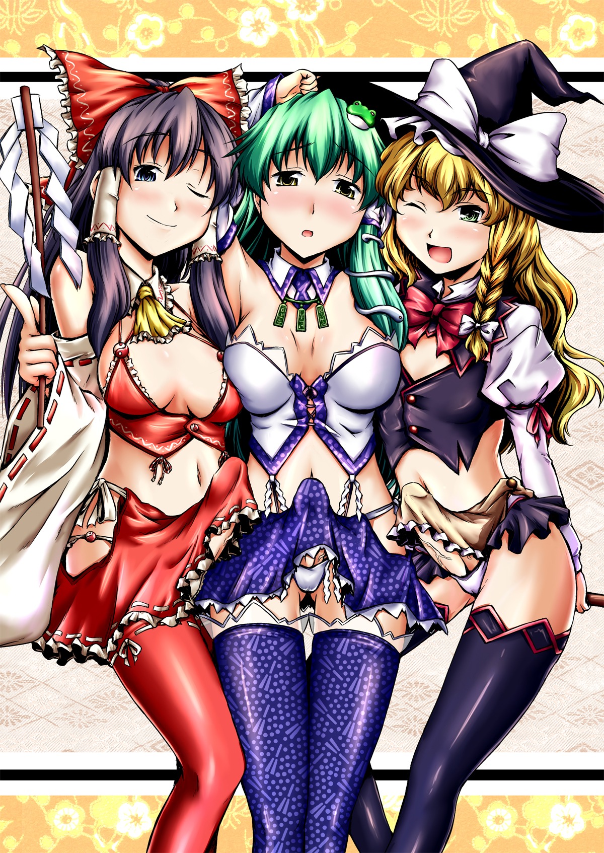 3futas blonde_hair blue_eyes blush bow bowtie breasts brown_hair bulge cameltoe cleavage clothed clothing curvy dickgirl embarrassed_nude_futa erection erection_under_clothes erection_under_skirt frog futa_only futa_sans_balls futa_with_futa futanari green_eyes green_hair hairbow hat highres human intersex large_breasts legwear light-skinned_futa light_skin marisa_kirisame mostly_nude navel panties partially_clothed penis penis_bulge penis_out penis_under_clothes penis_under_skirt pussy reimu_hakurei rule34 sanae_kochiya skirt skirt_lift snake standing stockings tenting thighhighs touhou underwear wink witch_hat yellow_eyes yuzu_momo