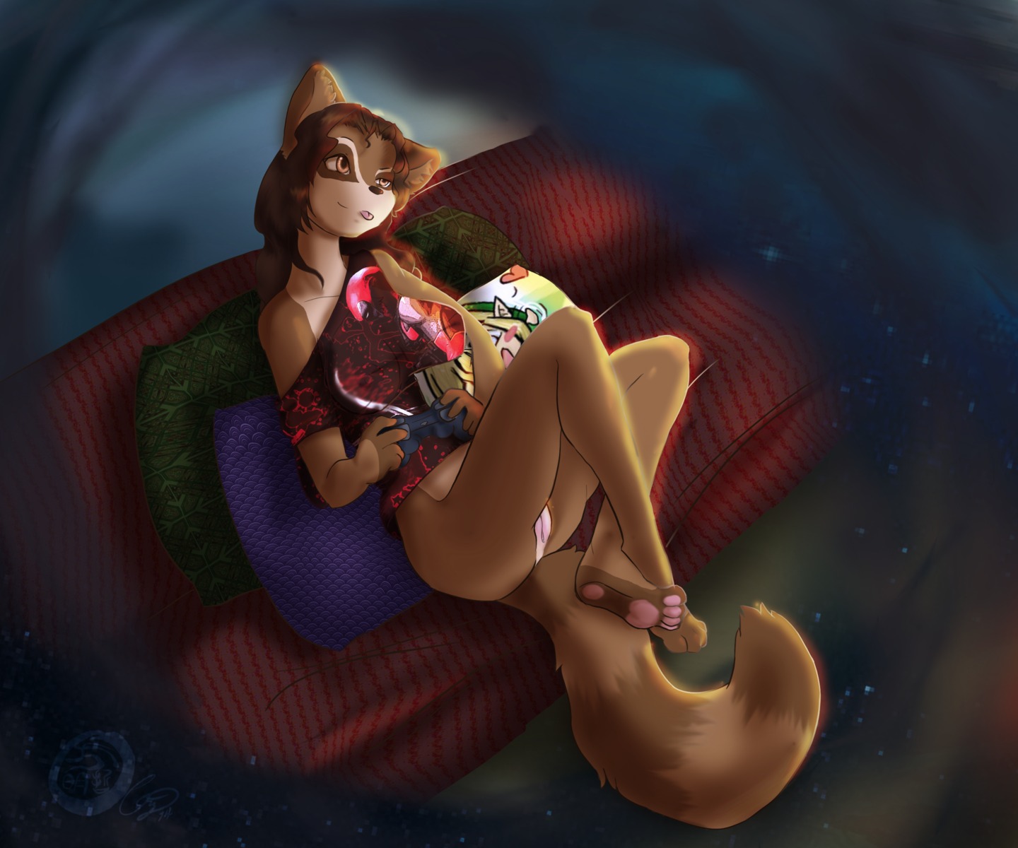 2014 4_toes 6:5 abstract_background absurd_res amber_eyes anthro areola arms_bent barefoot bent_legs biped bottomless breasts brown_body brown_fur brown_nose cainethelongshot clothed clothing controller crossed_ankles deadpool dualshock dualshock_3 e621 feet female fur furniture game_controller gaming genitals hair happy hi_res hindpaw holding_controller holding_game_controller holding_object link long_hair lying madeline_(cainethelongshot) mammal markings marvel nintendo nipples on_back pawpads paws pillow plantigrade playing_video_game playstation playstation_3 playstation_controller procyonid raccoon reclining shirt simple_background smile sofa soles solo sony_corporation sony_interactive_entertainment space the_legend_of_zelda toes tongue tongue_out topwear translucent translucent_clothing vulva wireless_controller