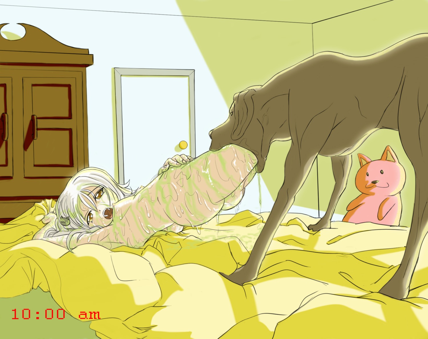 after_vore bed bedding bedroom bestiality blanket bodily_fluids breasts butt canid canine canis domestic_dog duo e621 emetophilia female female_on_feral female_penetrated female_prey feral feral_penetrating feral_penetrating_human fur furniture grey_body grey_fur hair hi_res human human_on_feral human_penetrated interspecies lying male male/female male_on_human male_penetrating male_penetrating_female male_pred mammal nipples nude on_bed open_mouth oral_vore penetration plushie saliva sex slime teeth thebigbrap tongue vomit vomiting vore weimaraner white_hair