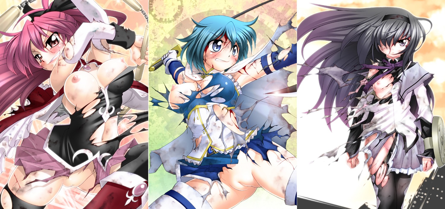 3girls akemi_homura black_hair blood blue_hair breasts female female_only mahou_shoujo_madoka_magica miki_sayaka multiple_females multiple_girls pink_hair rule34 sakura_kyouko small_breasts tagme thighhighs torn_clothes torn_pantyhose