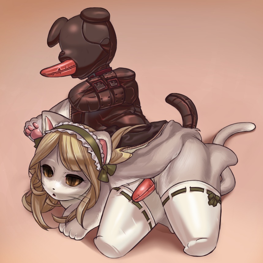 animal_ear animegao bitchsuit black_face black_facemask blonde_hair bodysuit bondage brown_eyes cat_tail costume dachaku dildo_on_mouth faceless feline female furry fursuit gimp_suit latex pawpads paws pet_play piddlefours plushsuit ribbon rule34 tail thighhighs toyification whiskers