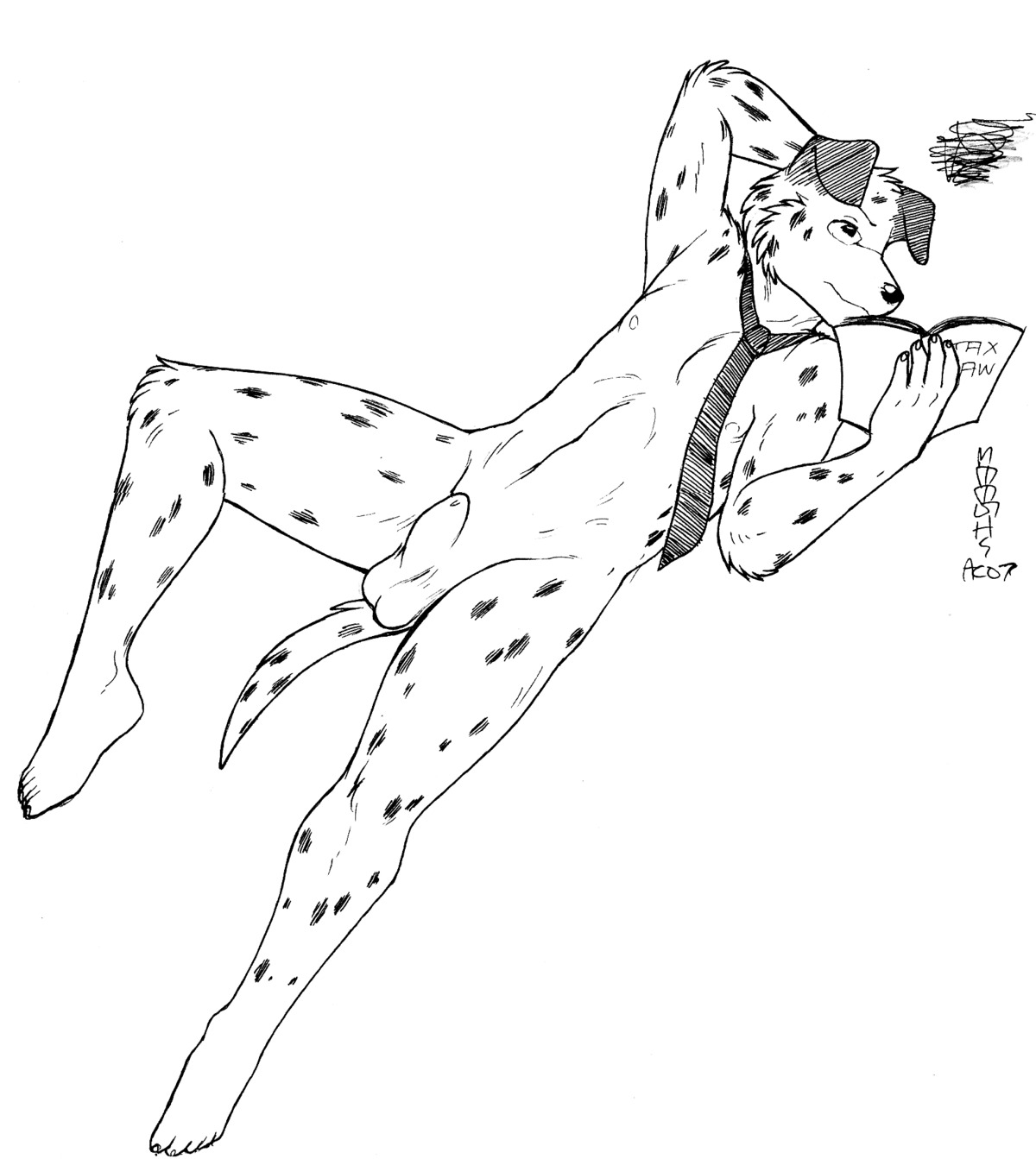 2007 accessory animal_genitalia anthro balls canid canine canis dalmatian digital_media_(artwork) domestic_dog e621 fully_sheathed genitals hi_res male mammal meesh monochrome necktie pen_(artwork) sheath solo tail traditional_media_(artwork)