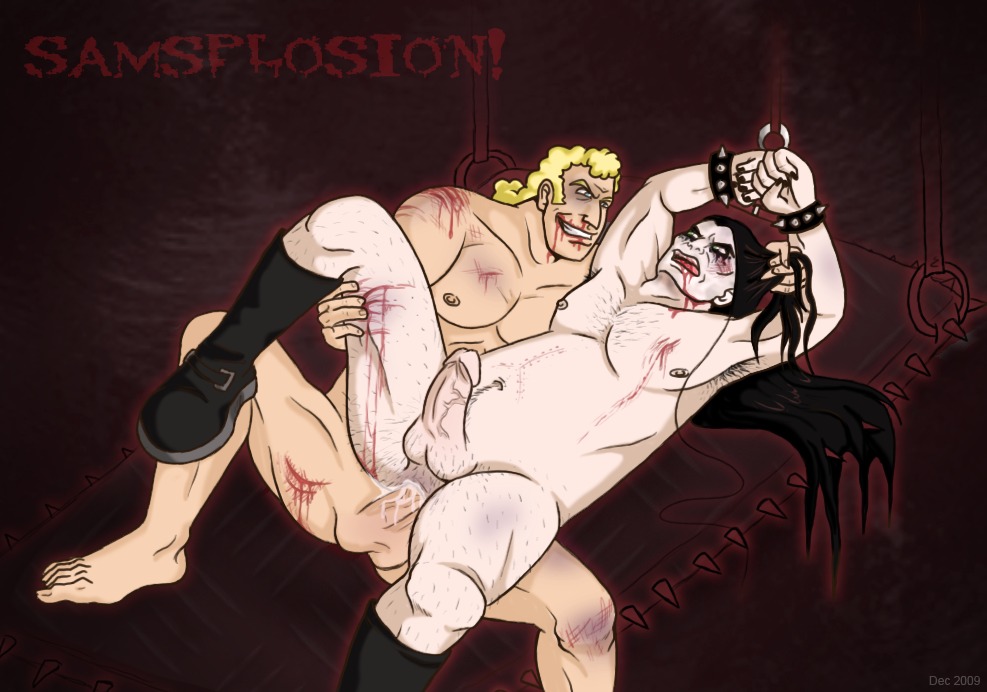 2boys anal_penetration anal_sex artist_request ass balls black_hair bleeding blonde_hair blood blue_eyes brock_samson bruises crossover cum_in_ass defeated dethklok erect_nipples erection hair_pull legs_held_open long_hair male male_only male_penetrating_male metalocalypse naked_footwear nathan_explosion naughty_face nipples nosebleed nude painted_nails penis questionable_consent restrained rule34 scar scratches spiked_bracelet spread_legs testicles veiny_penis venture_brothers wrists_bound