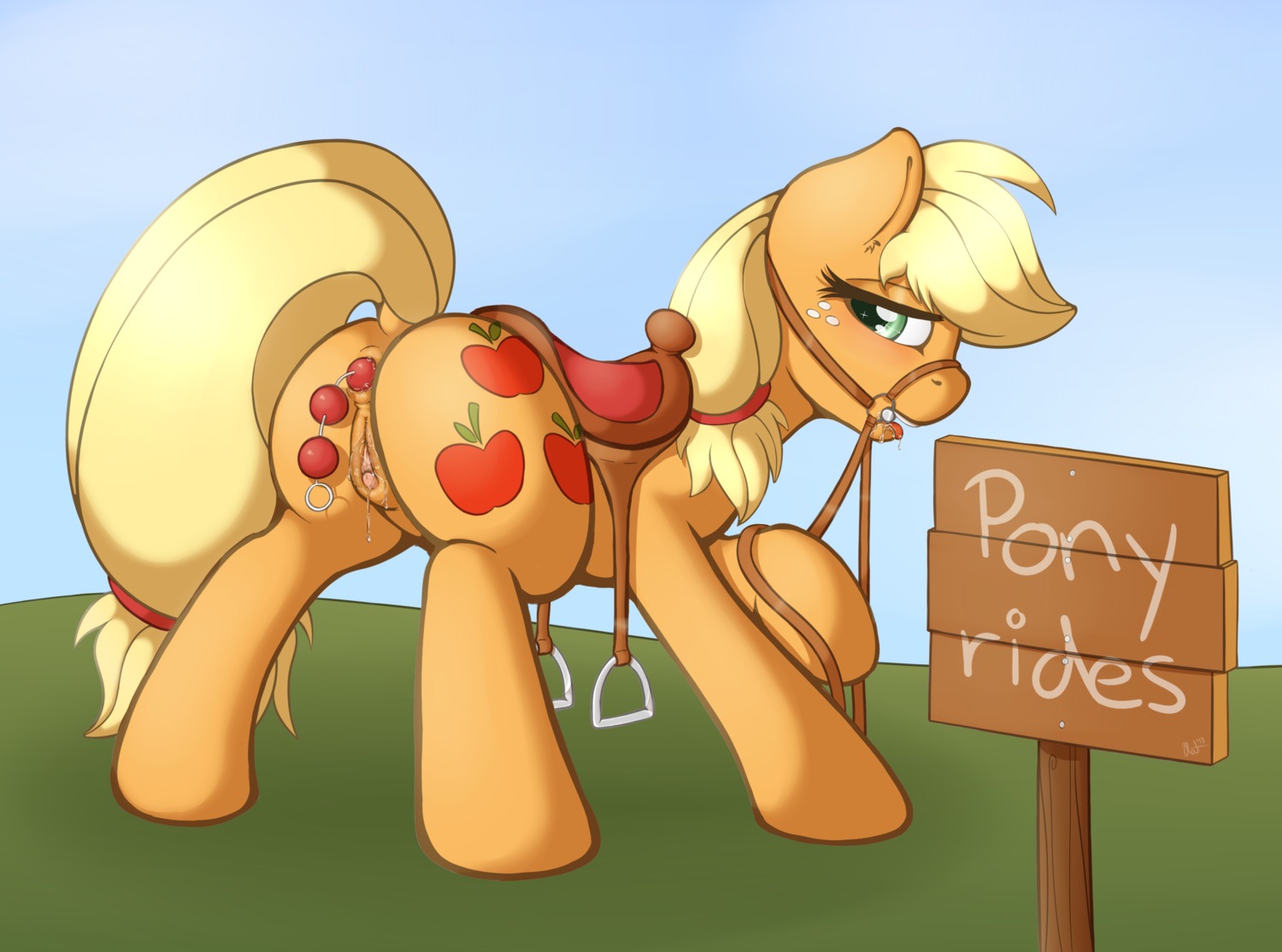 2013 anal_beads anus applejack_(mlp) blonde_hair bodily_fluids bridle butt cutie_mark digital_media_(artwork) e621 earth_pony english_text equid equine female feral friendship_is_magic fur genital_fluids genitals green_eyes hair half-closed_eyes hasbro hi_res horse mammal my_little_pony narrowed_eyes nude orange_body orange_fur outside pony presenting presenting_hindquarters quadruped ratofdrawn reins saddle saliva sex_toy sign solo standing text vaginal_fluids vulva