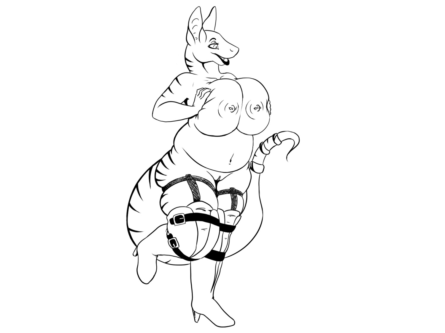 4:3 acethebigbadwolf anthro areola belly big_belly big_breasts biped black_and_white boots breast_squeeze breasts clitoris clothing digital_drawing_(artwork) digital_media_(artwork) e621 female footwear genitals hand_on_breast hi_res high_heels holding_breast huge_breasts line_art monochrome nezzie nipples non-mammal_breasts non-mammal_nipples nude piercing ring scalie shoes slightly_chubby smile solo squeezing squish standing stripes tail thick_thighs vulva