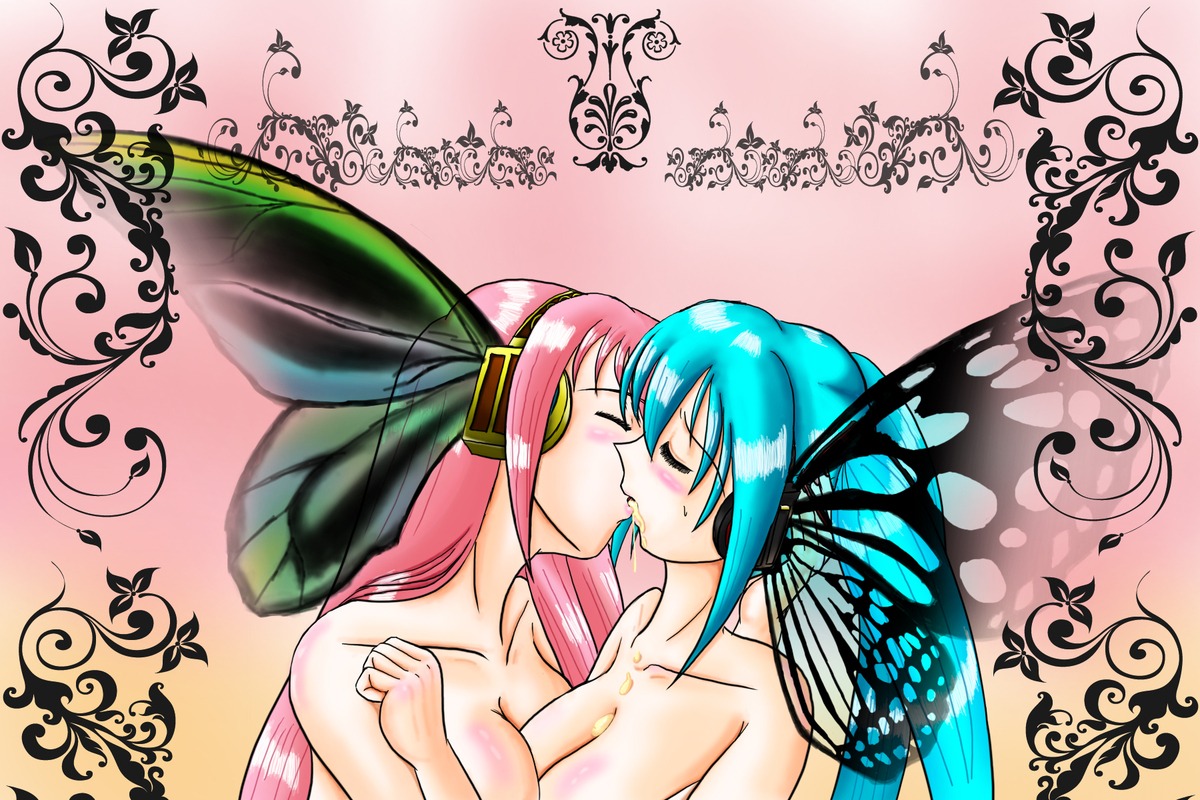 2girls aqua_hair blush breasts butterfly_wings cleavage closed_eyes female hatsune_miku headphones kiss long_hair medium_breasts megurine_luka multiple_girls nude pink_hair rule34 tagme twintails vocaloid wings yuri