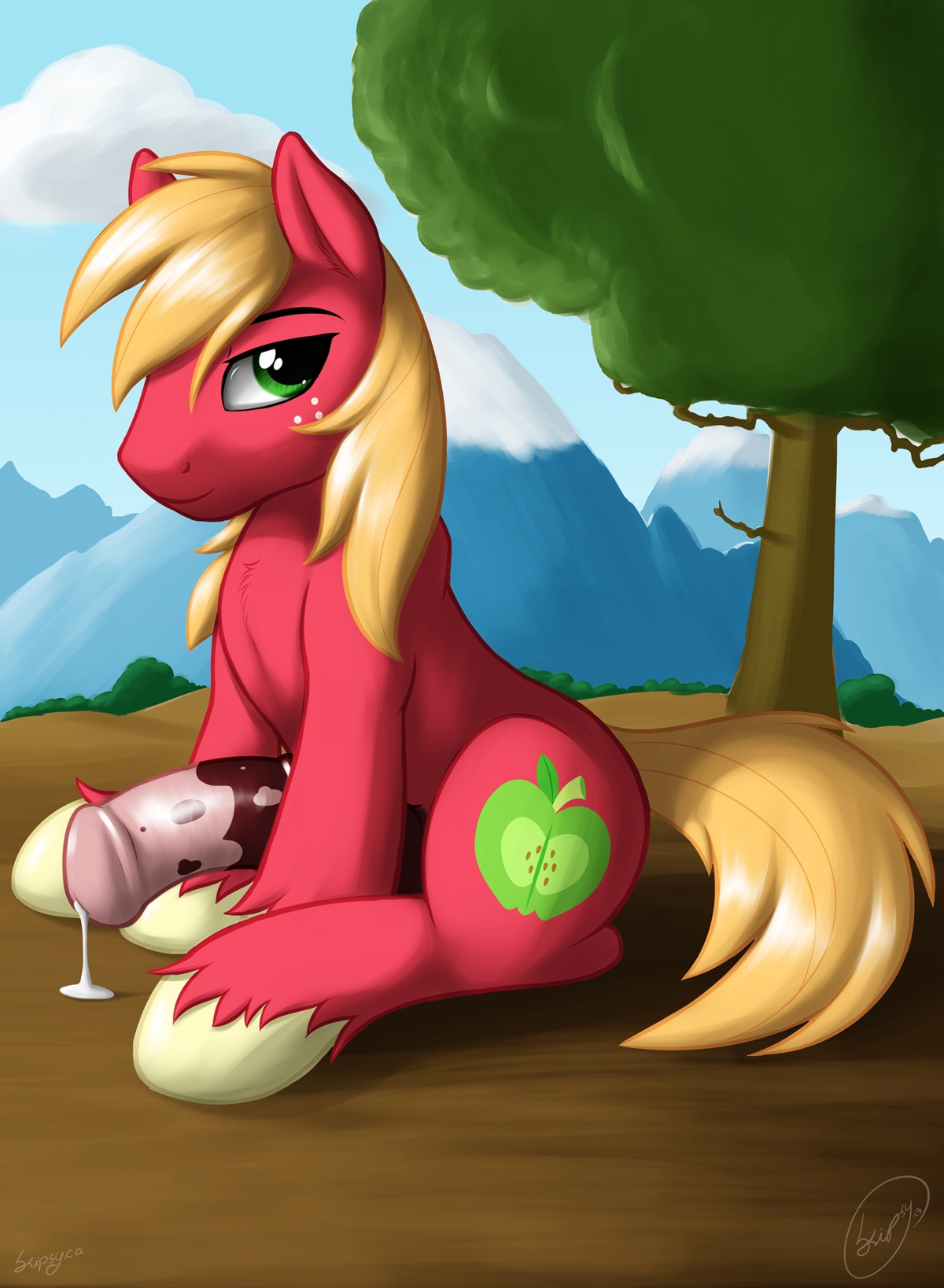 absurd_res animal_genitalia animal_penis big_macintosh_(mlp) blonde_hair bodily_fluids cloud cutie_mark e621 earth_pony equid equine equine_genitalia equine_penis erection feral freckles friendship_is_magic genital_fluids genitals green_eyes hair hasbro hi_res horse male mammal my_little_pony orange_hair outside penis pony precum quadruped red_body skipsy sky solo tail thick_penis