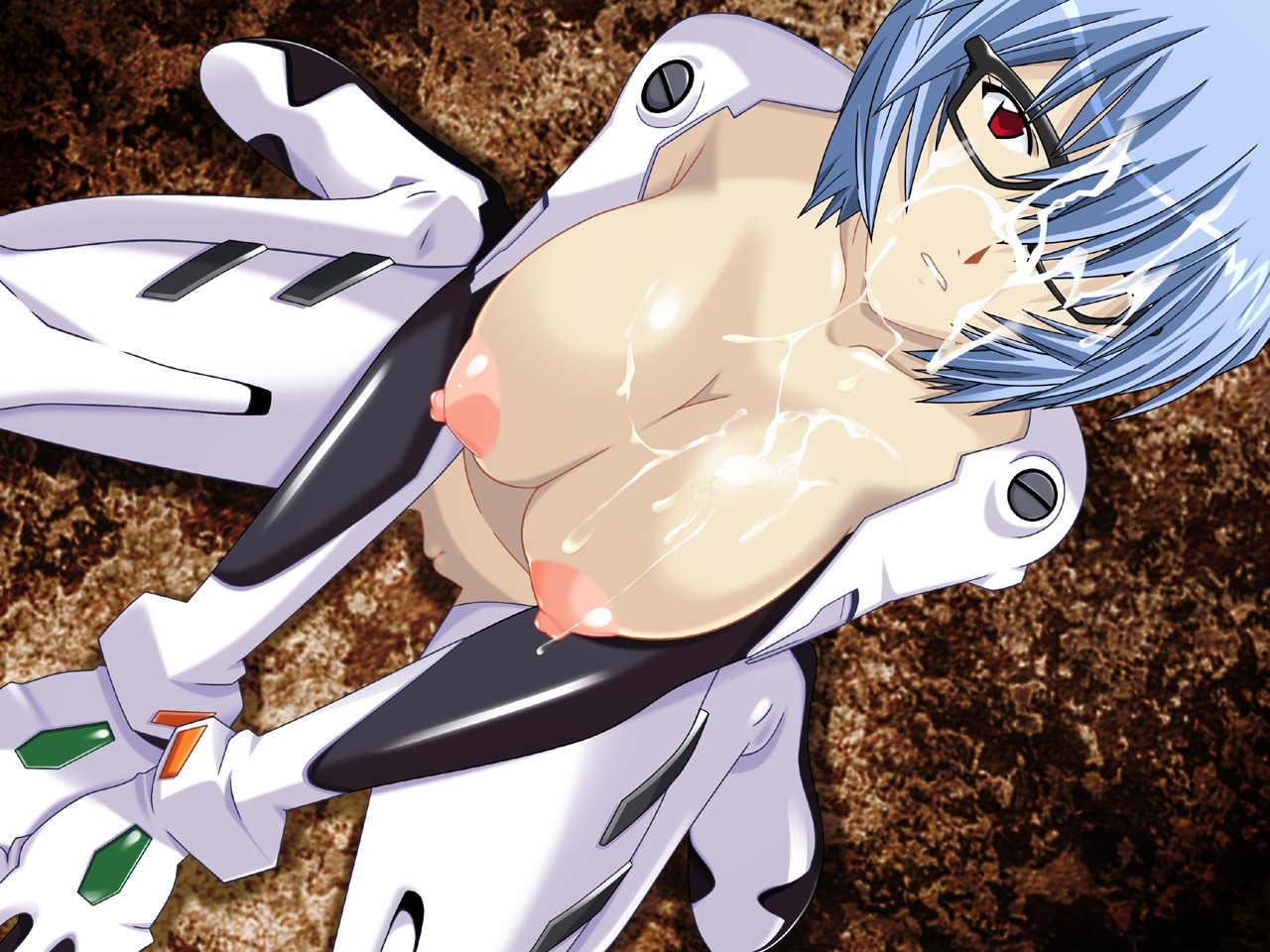 blue_hair breasts clothing cum female glasses hair large_breasts neon_genesis_evangelion nipples plugsuit red_eyes rei_ayanami rule34 short_hair