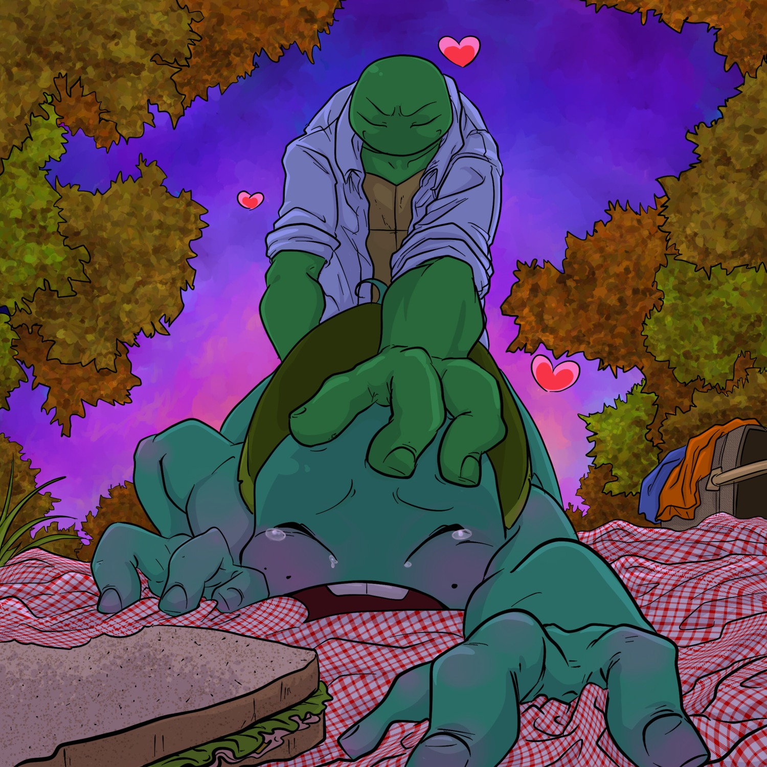 1:1 3_fingers absurd_res anal anal_penetration anthro ass_up bald basket blush bodily_fluids bread clothed clothing coat container detailed_background digital_media_(artwork) duo e621 eyes_closed fingers food forced foreshortening from_behind_position grass green_body green_skin hand_on_head happy heart_symbol hi_res incest_(lore) kamechuu leonardo_(tmnt) lying male male/male male_penetrated male_penetrating male_penetrating_male michelangelo_(tmnt) ninja nude on_front open_clothing open_mouth open_shirt open_topwear outside penetration picnic pinned plant rape reptile sandwich_(food) scalie sex shell shirt sky smile standing struggling sunset tears teenage_mutant_ninja_turtles teeth topwear tree turtle warrior
