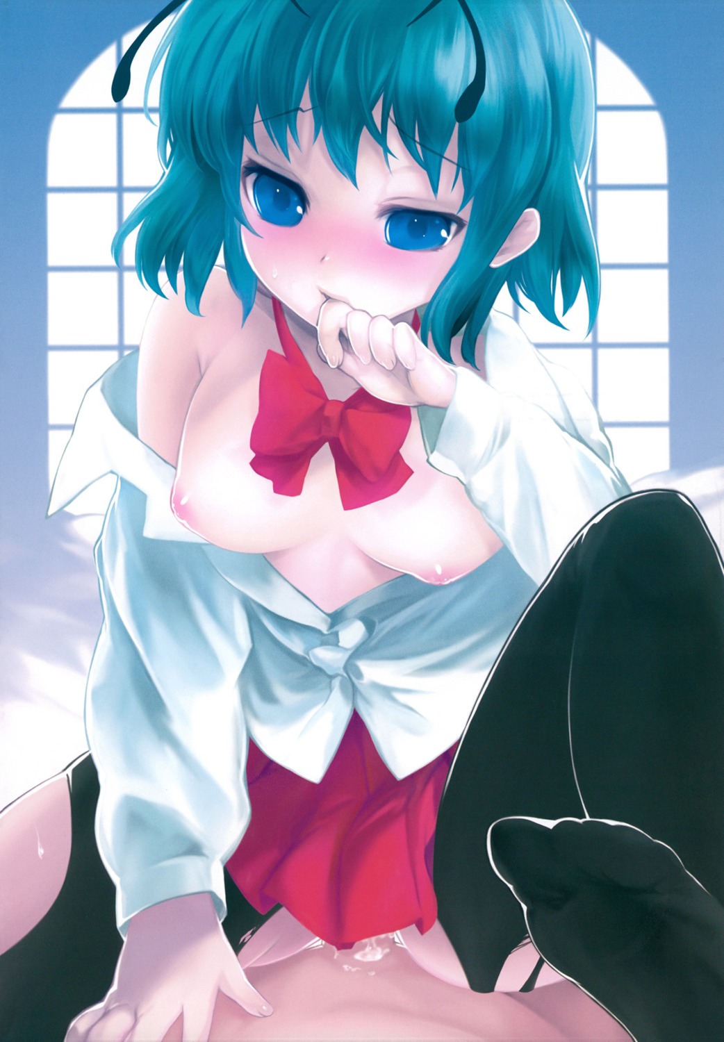 1girls antennae aqua_hair bare_shoulders black_legwear blue_eyes blush bowtie breasts clothed_sex cowgirl_position dress_shirt female glasses highres itou_life nipples no_bra off_shoulder open_clothes open_shirt pantyhose pleated_skirt pussy pussy_juice rule34 sex shirt short_hair skirt solo straddle torn_pantyhose touhou window wriggle_nightbug